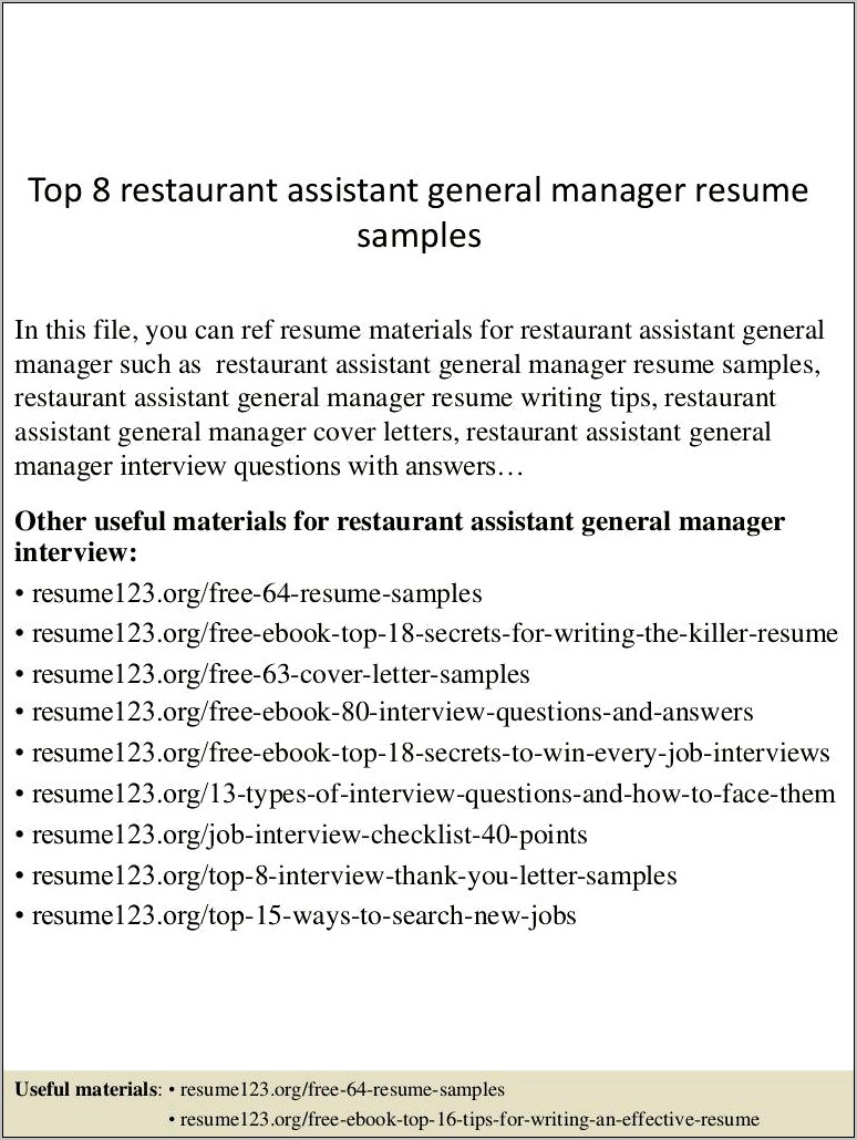 Restaurant Assistant Manager Resume Template