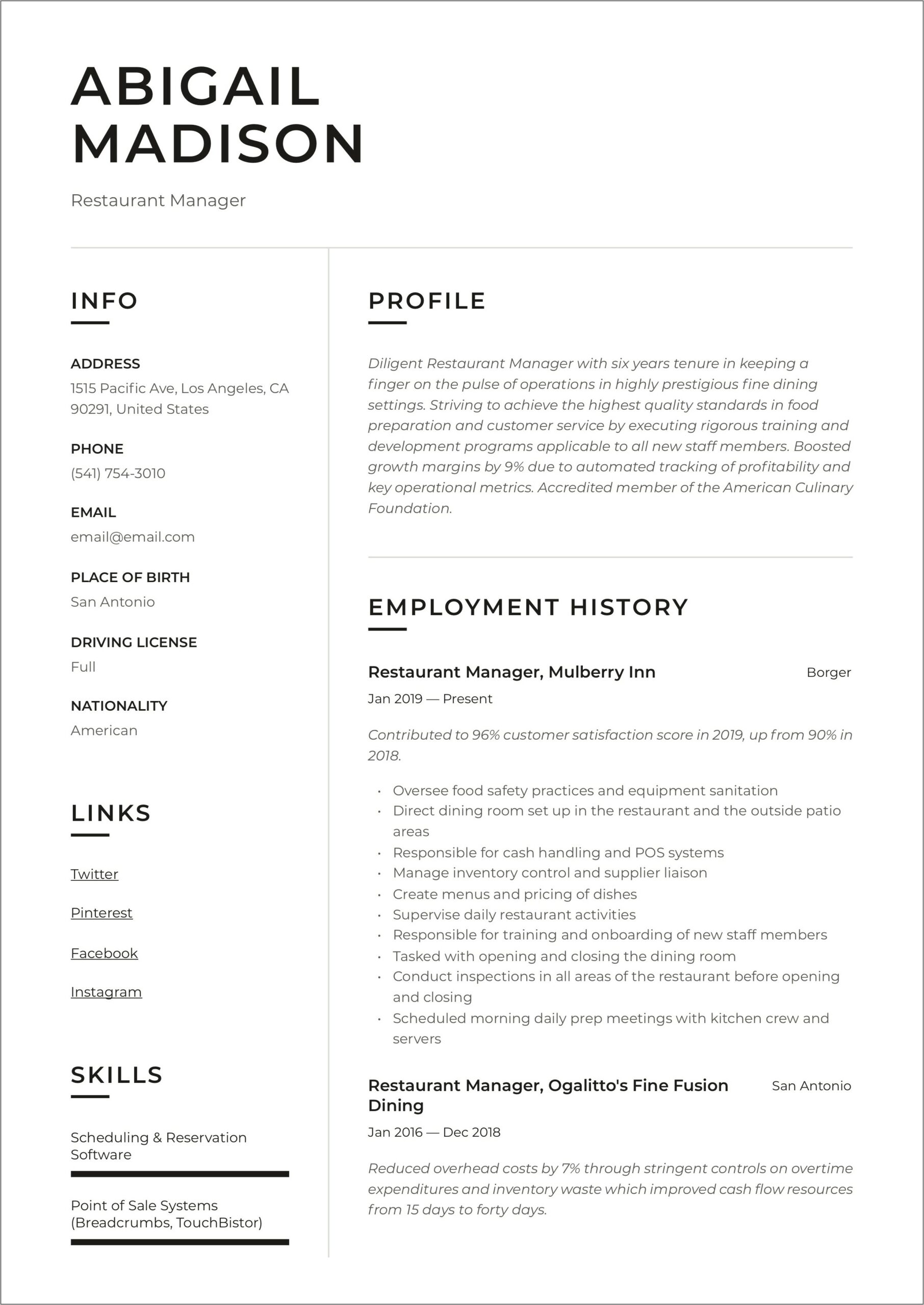 Restaurant Manager Resume In India