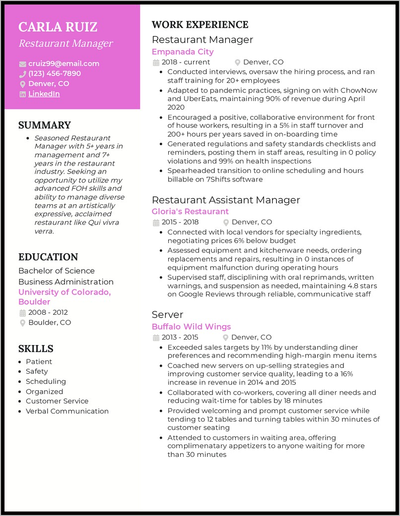 Restaurant Manager Resume Summary Sample