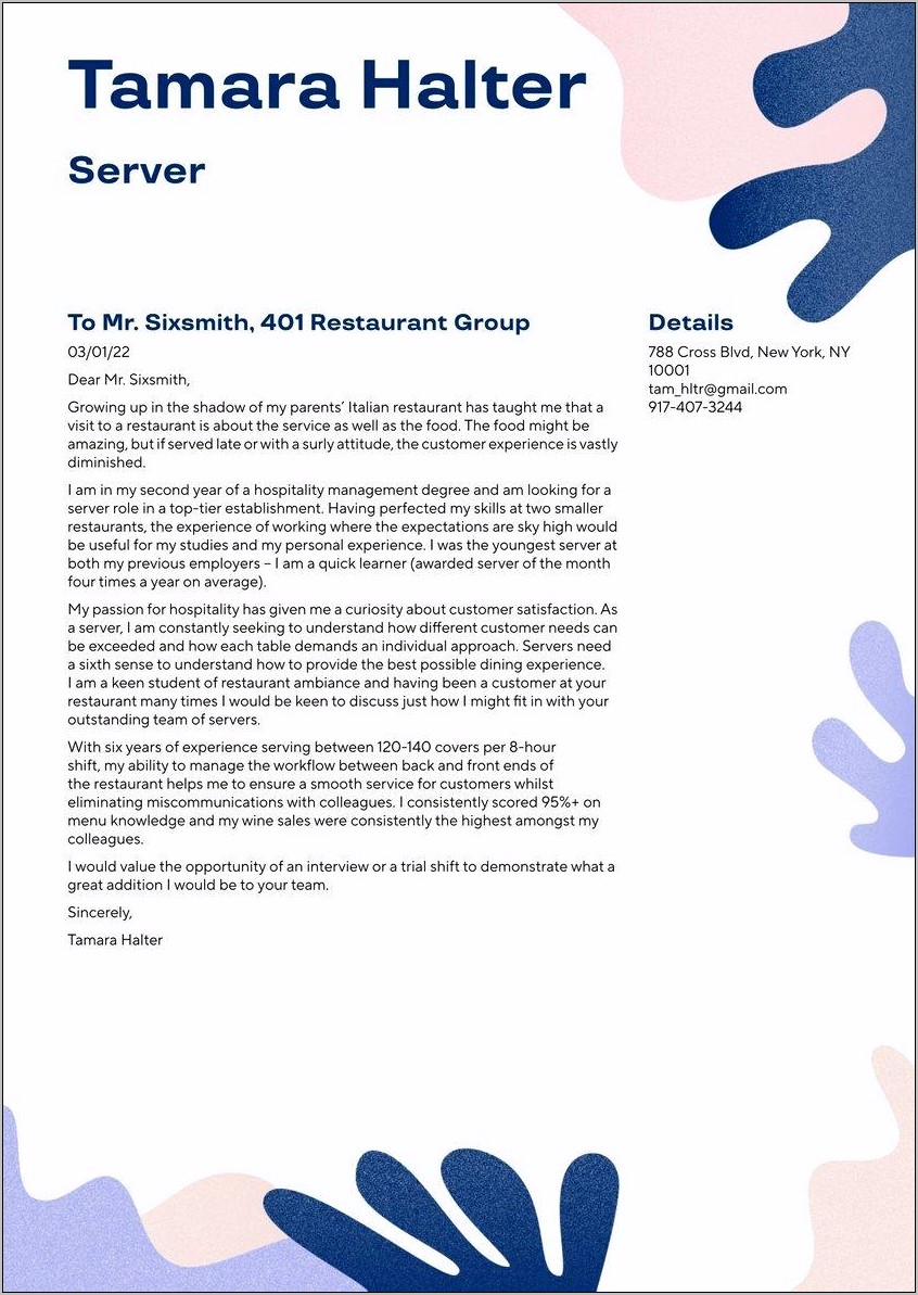 Restaurant Resume Cover Letter Samples
