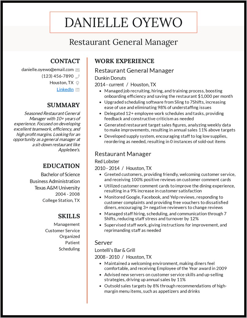 Restaurant Shift Manager Sample Resume