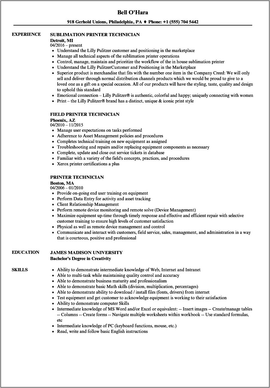 Resume And Skill Print Examples