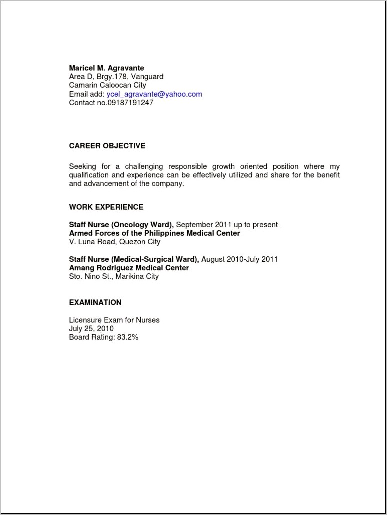 Resume Career Objective Registered Nurse