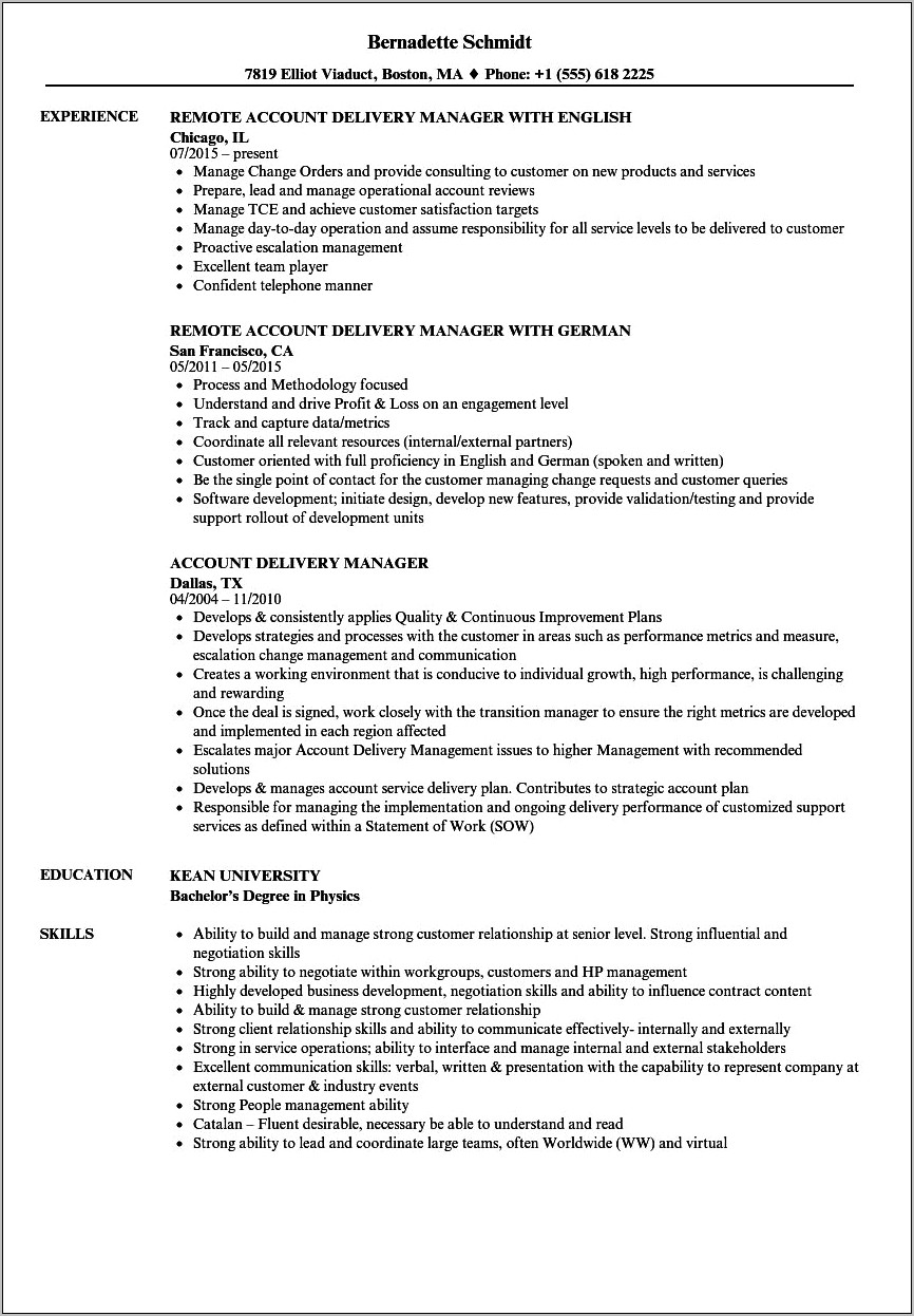Resume Client Management And Delivery