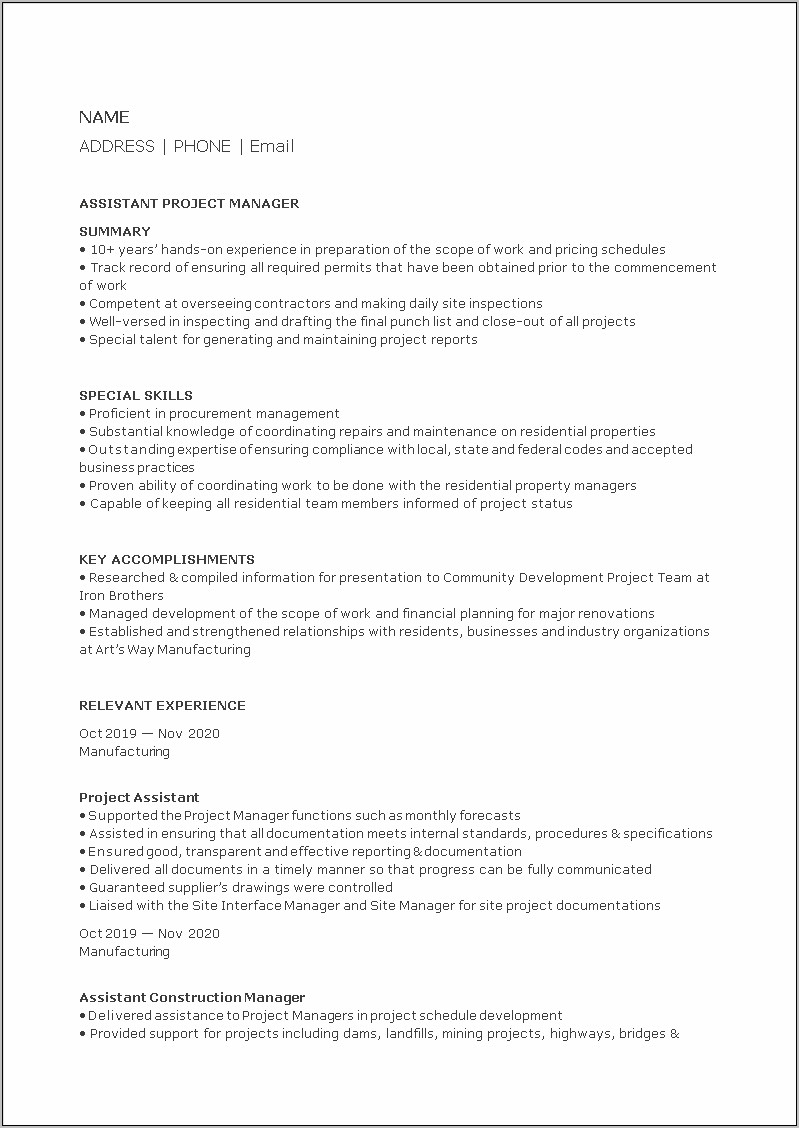 Resume Construction Assistant Project Manager