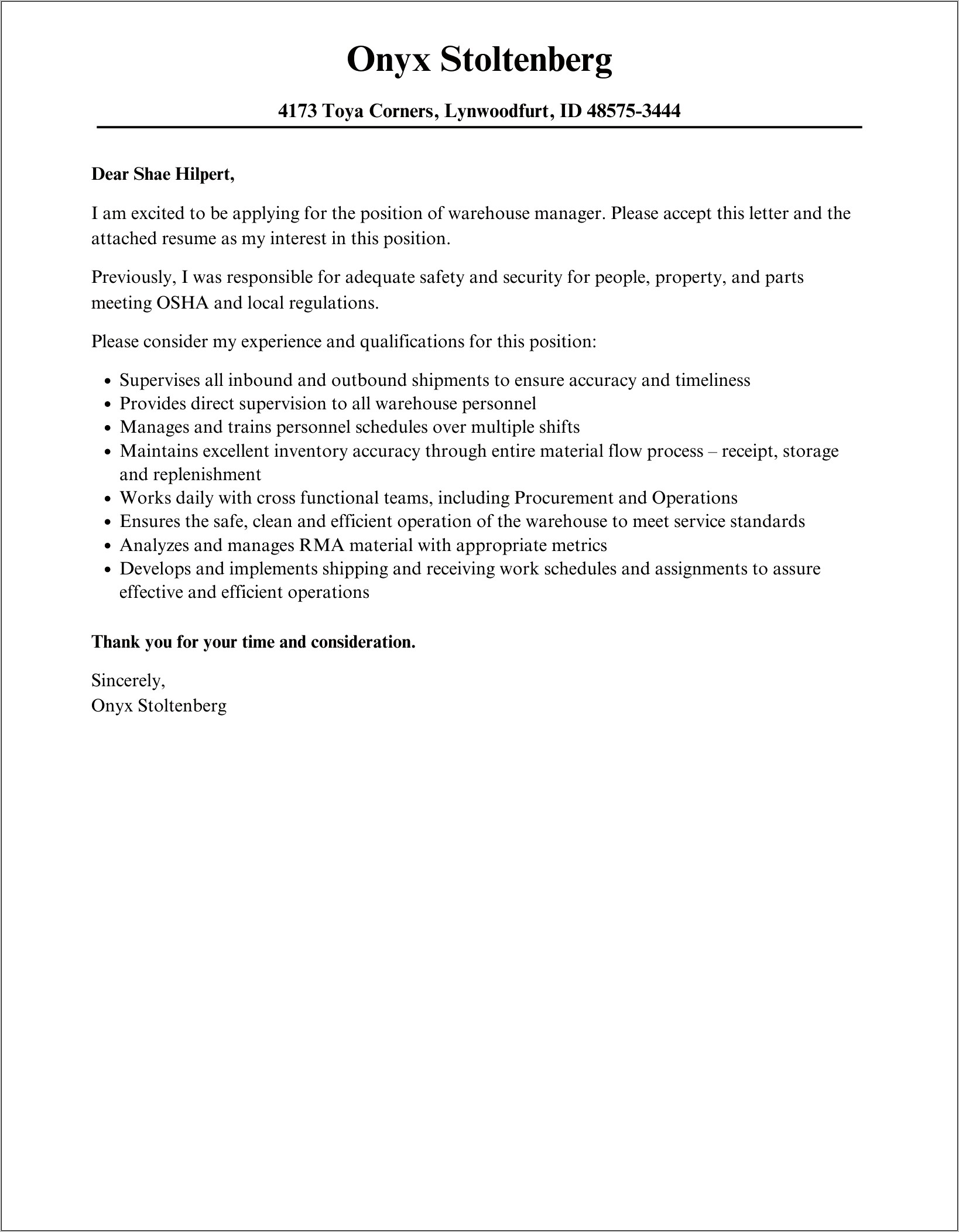Resume Cover Letter Warehouse Manager