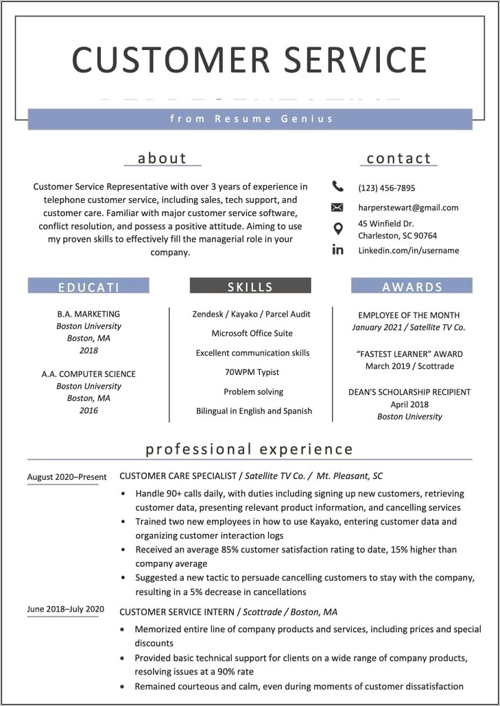 Resume Customer Service Skills Sample