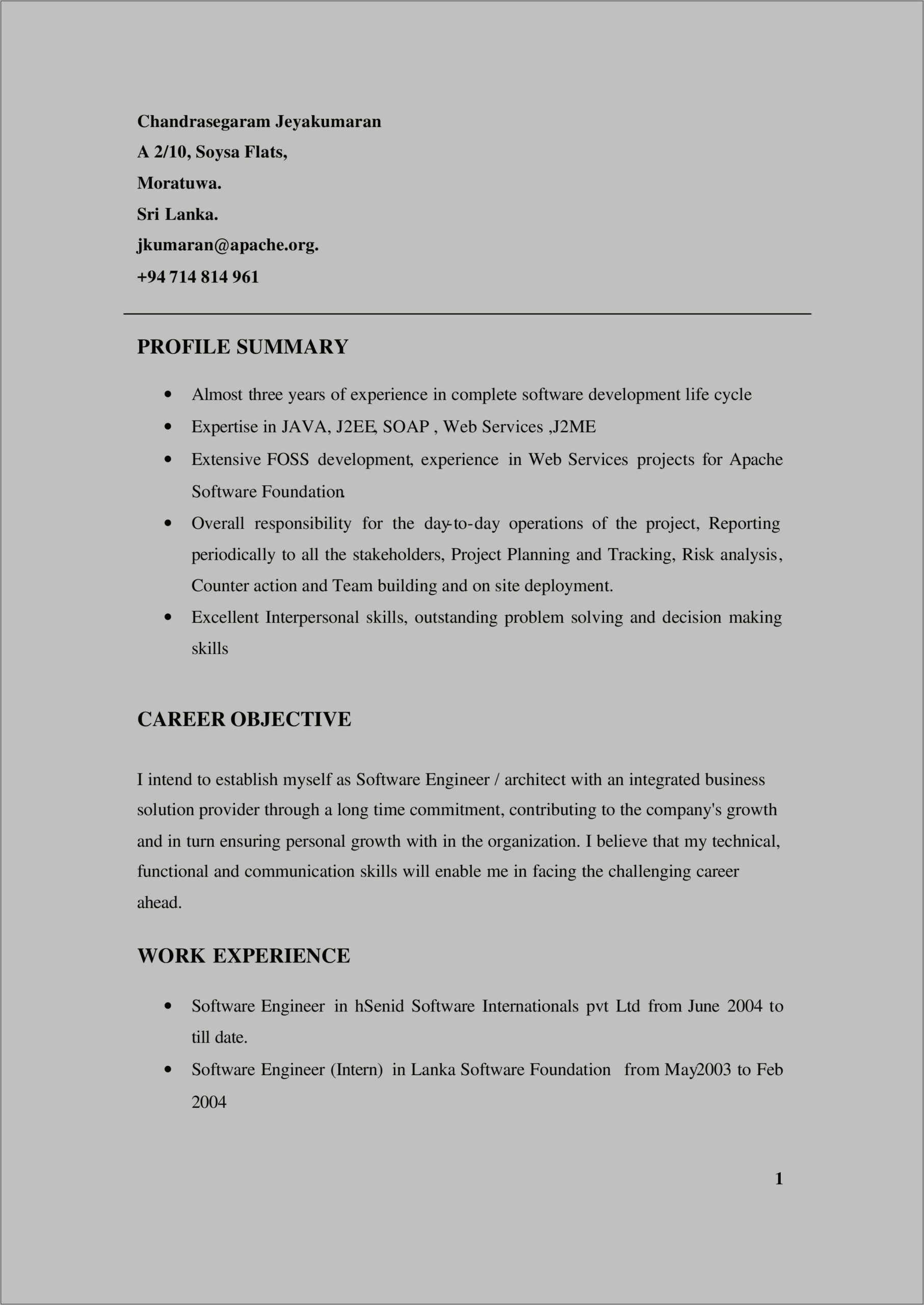 Resume Description For Job Experience
