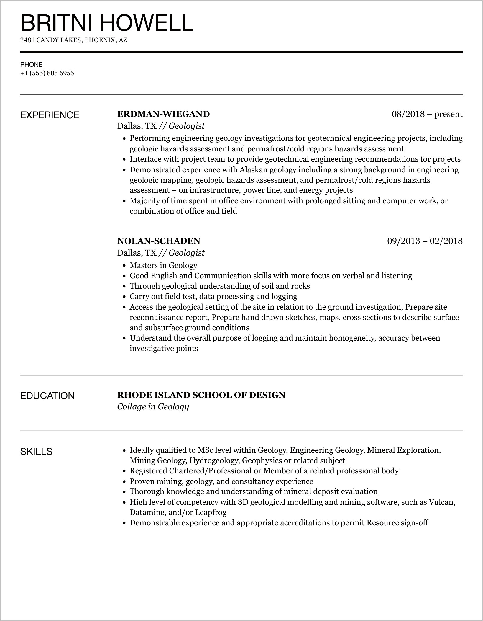 Resume Earth Sciences Position Examples