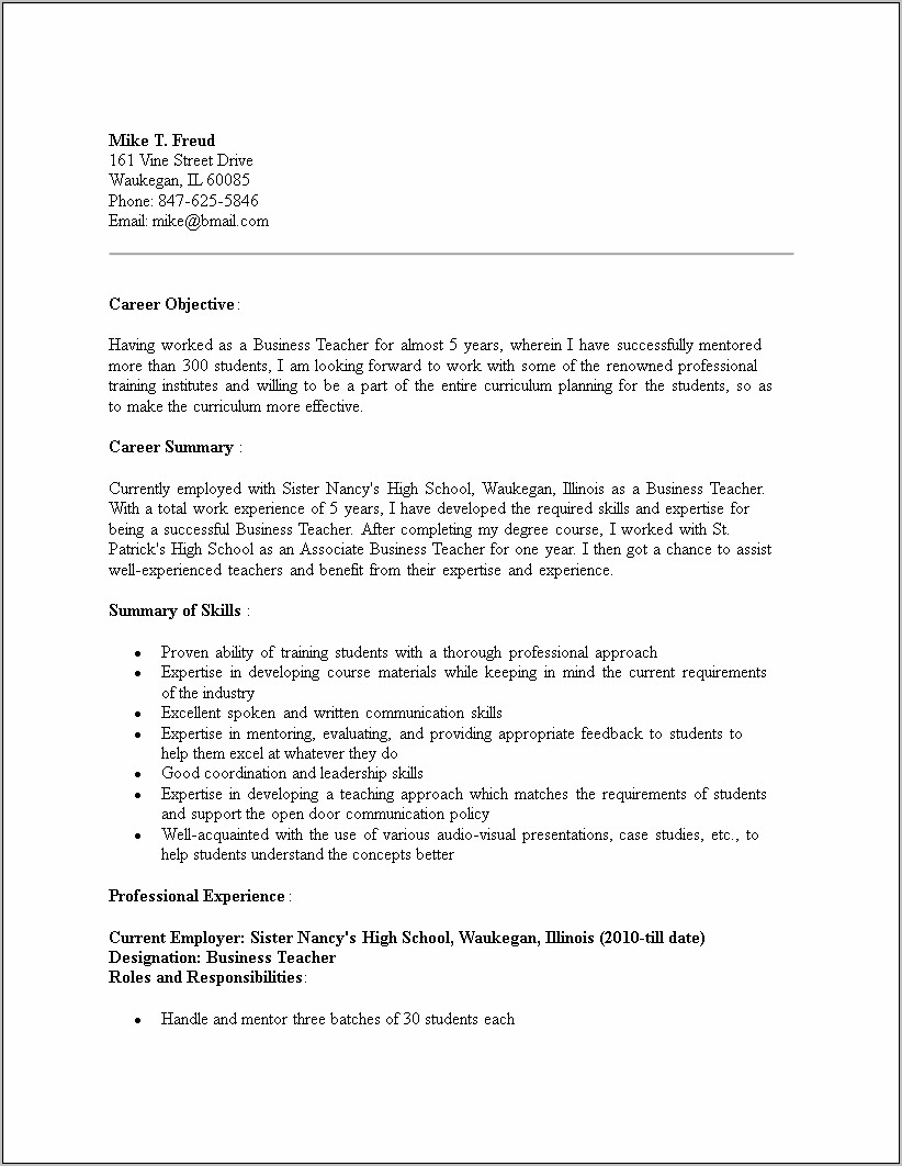 Resume Example For Experienced Teachers