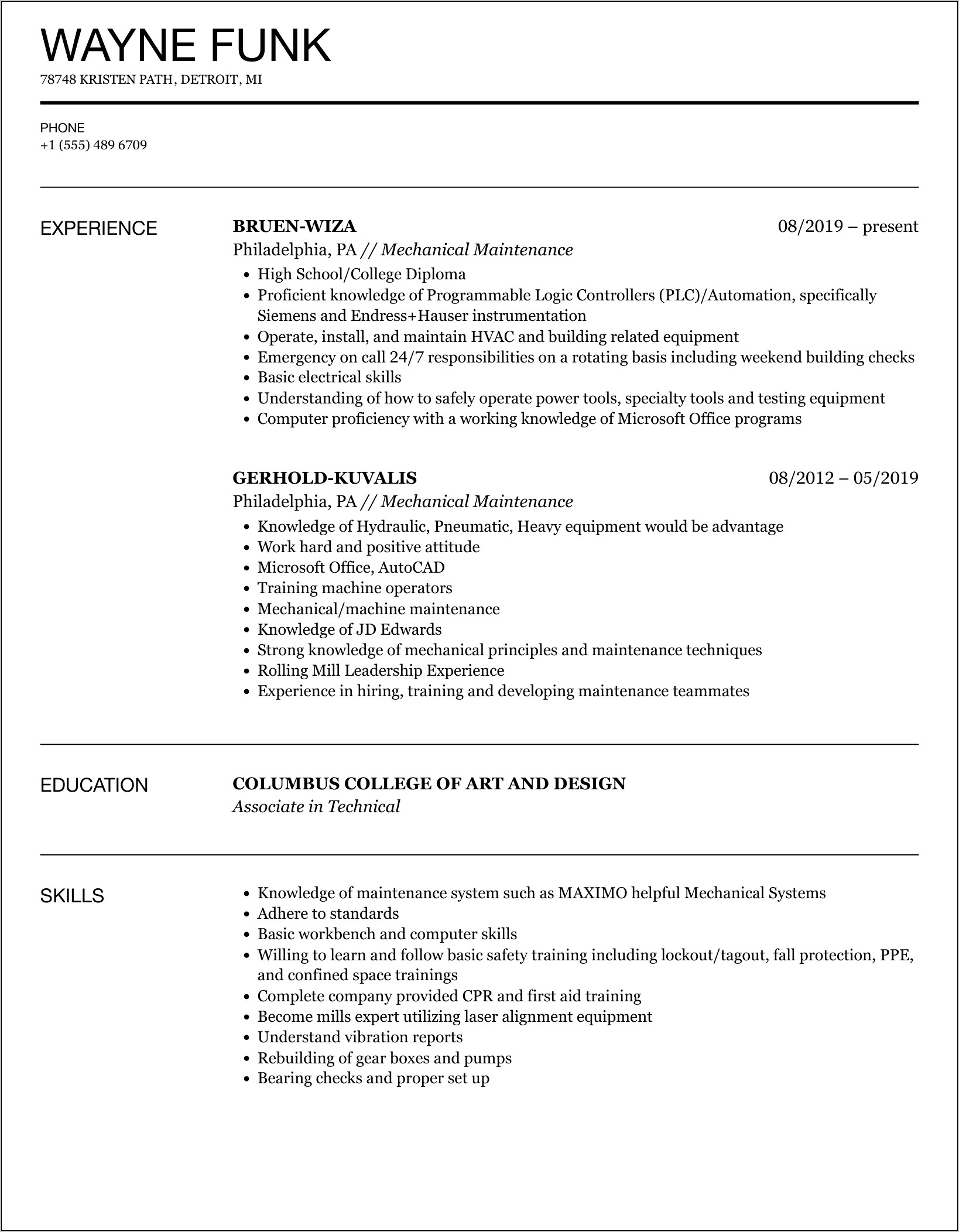 Resume Example For Mechanical Maintenance