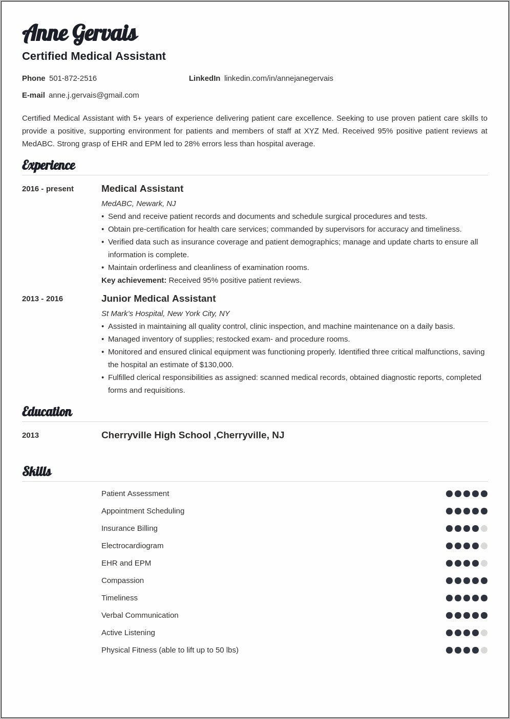Resume Example For Medical Field