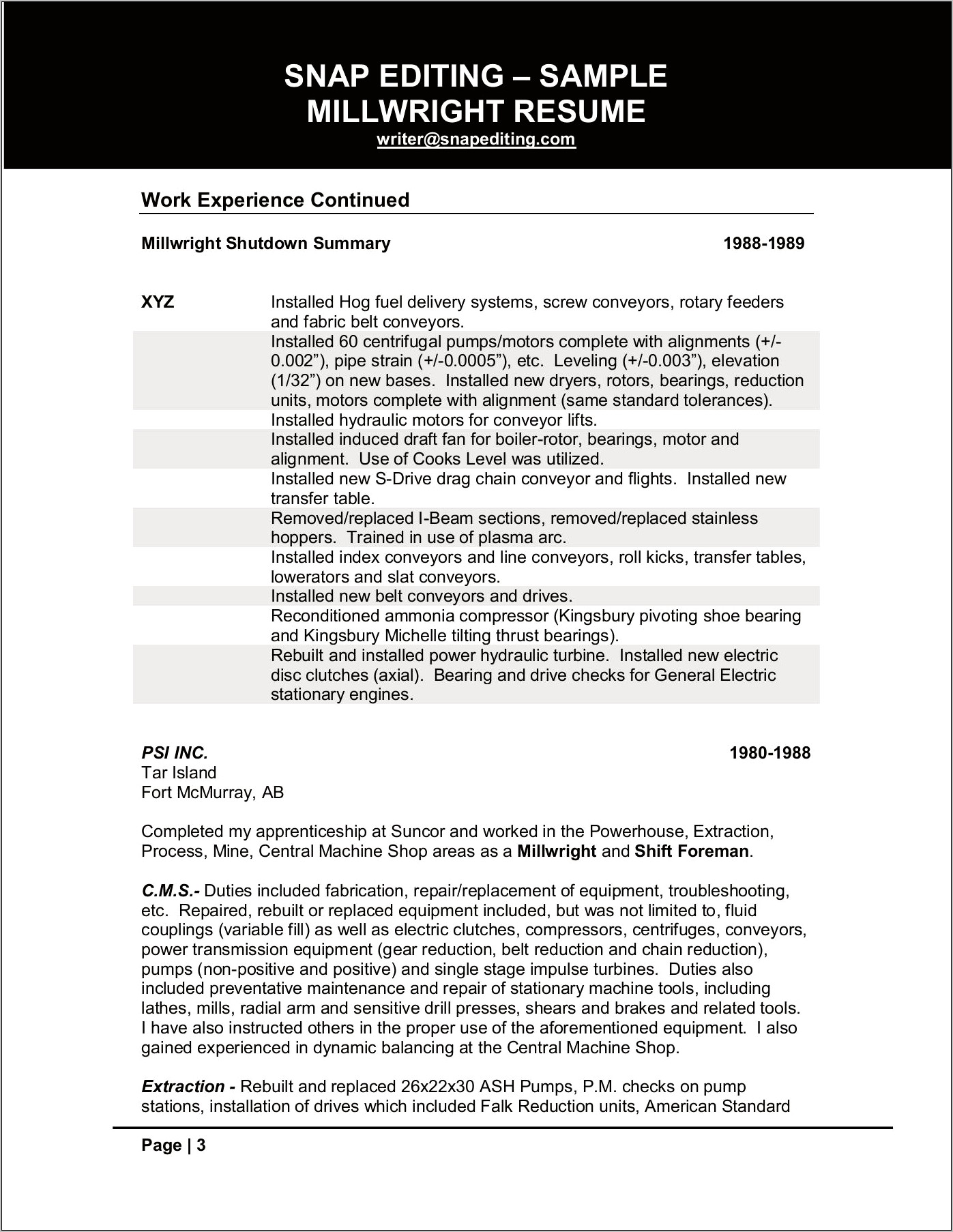 Resume Example For Mill Wright