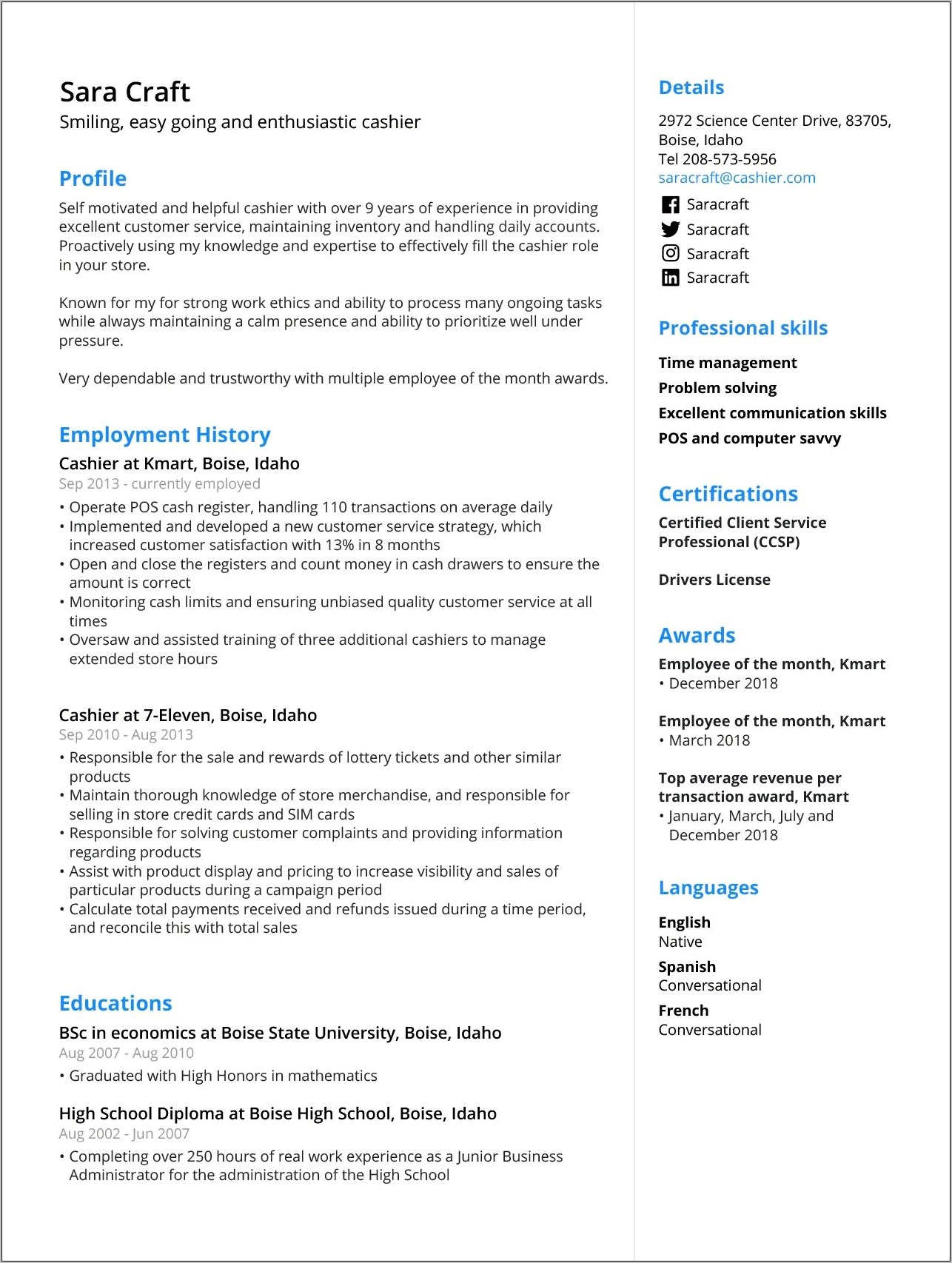 Resume Example For Retail Cashier