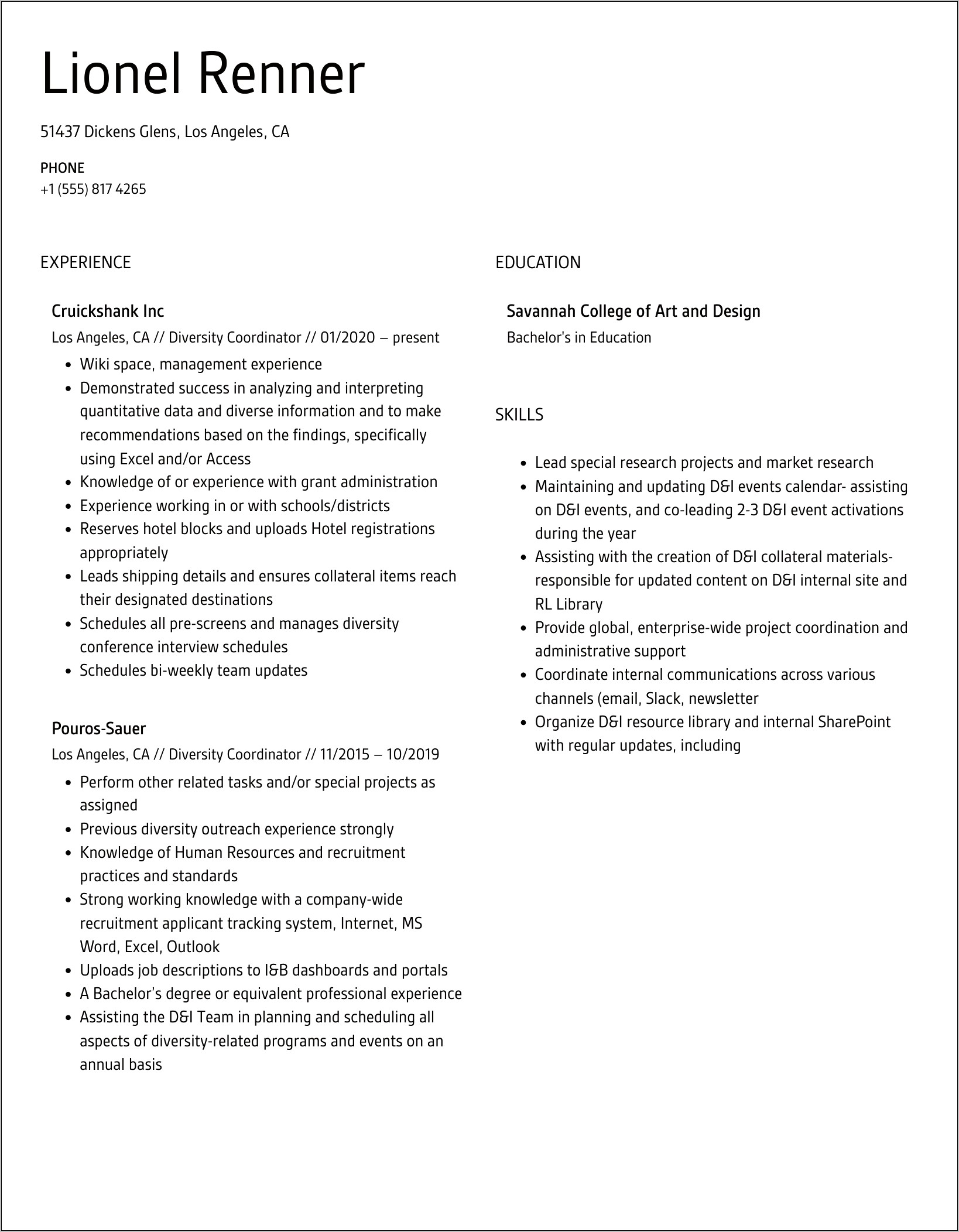 Resume Example Of Diversified Experience