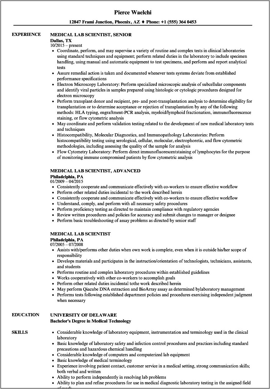 Resume Examples Clinical Laboratory Scientist