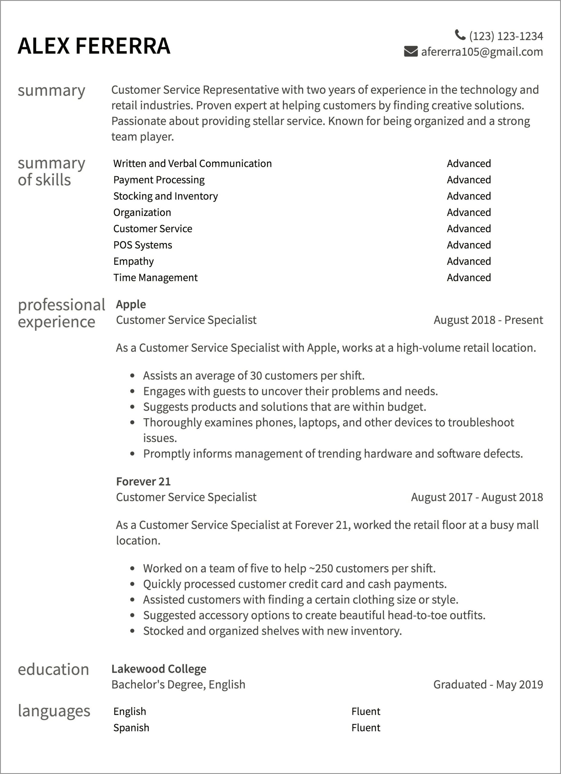 Resume Examples Customer Care Specialist