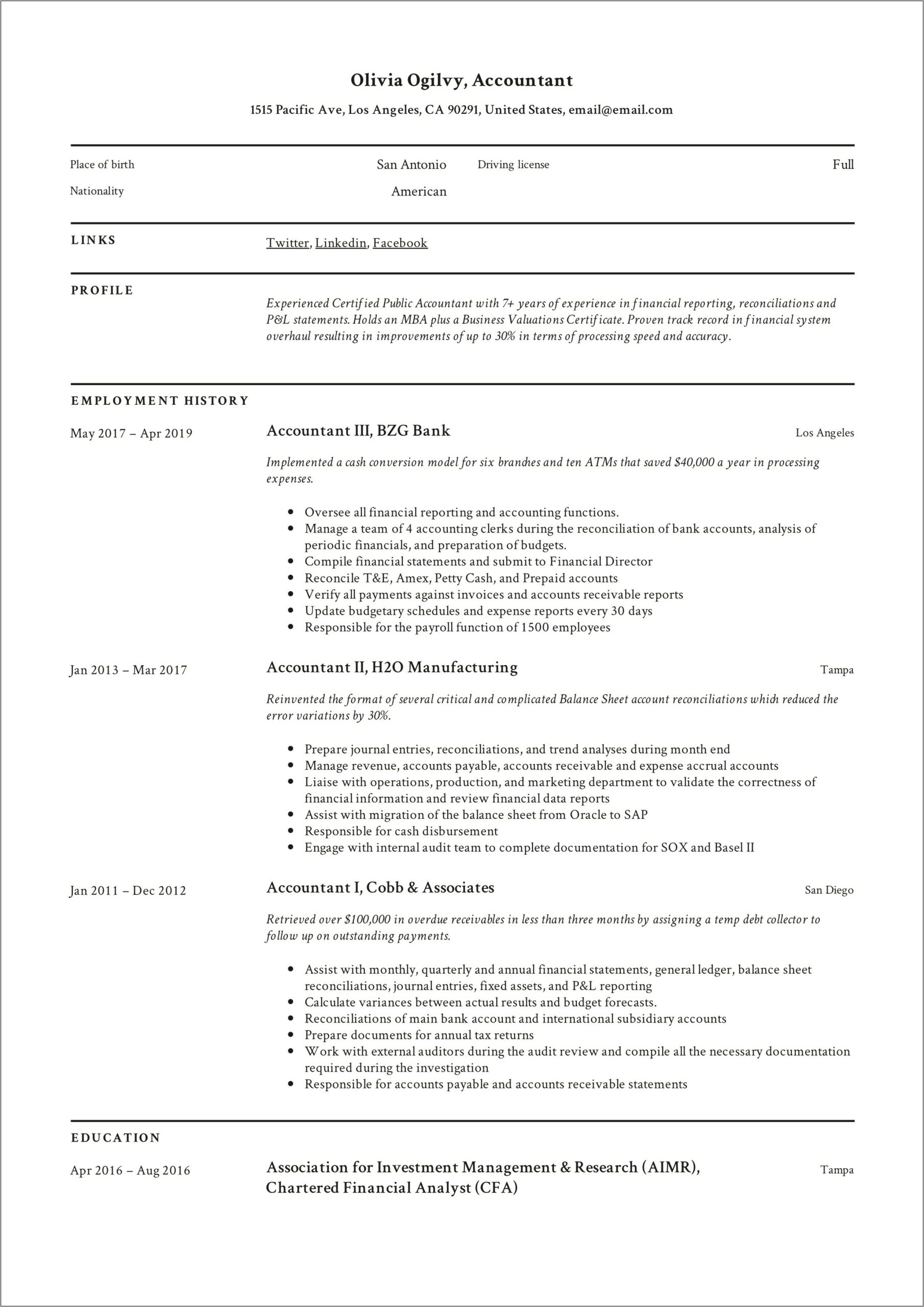 Resume Examples For Accounting Professionals