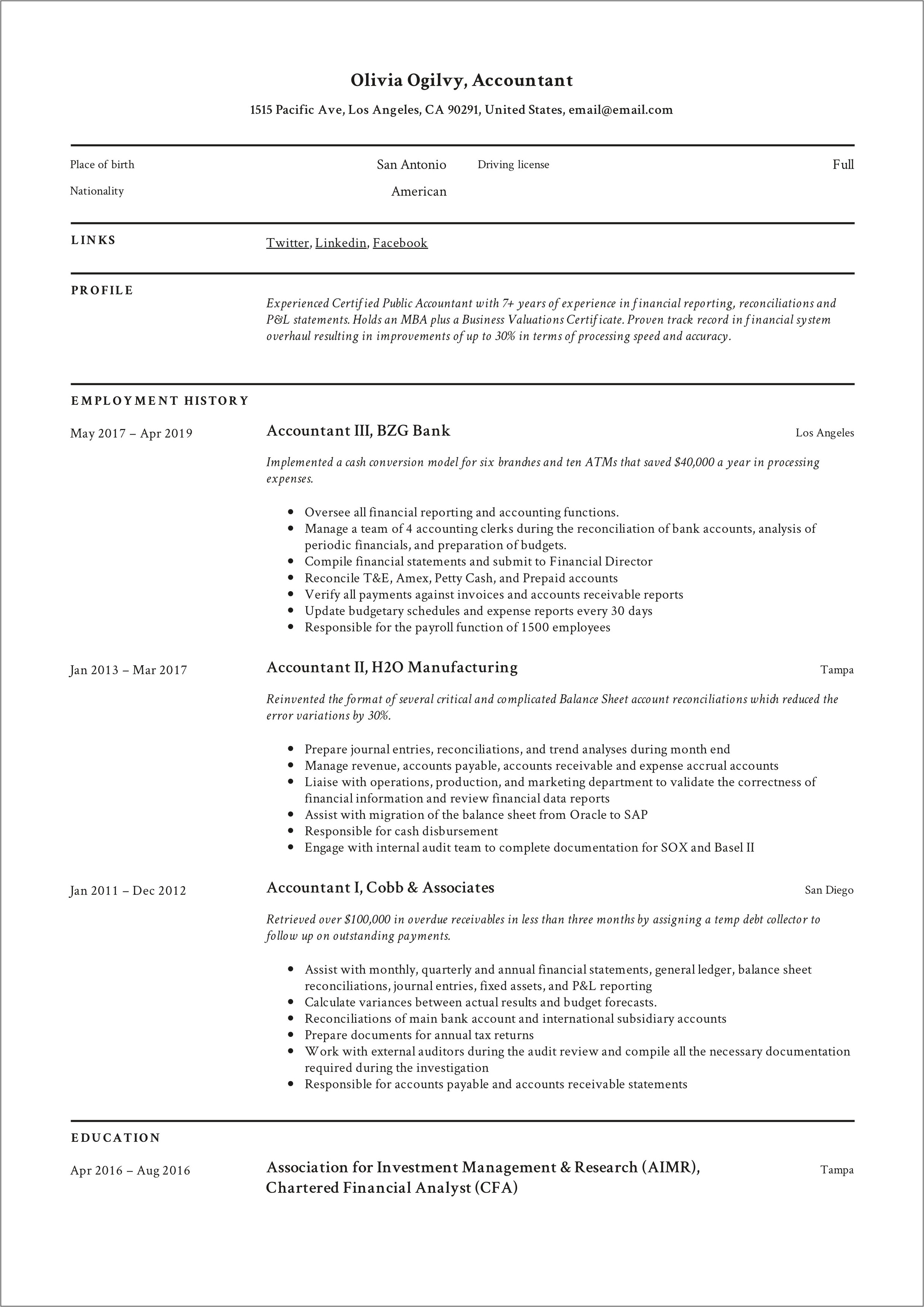 Resume Examples For Accounting Professionals