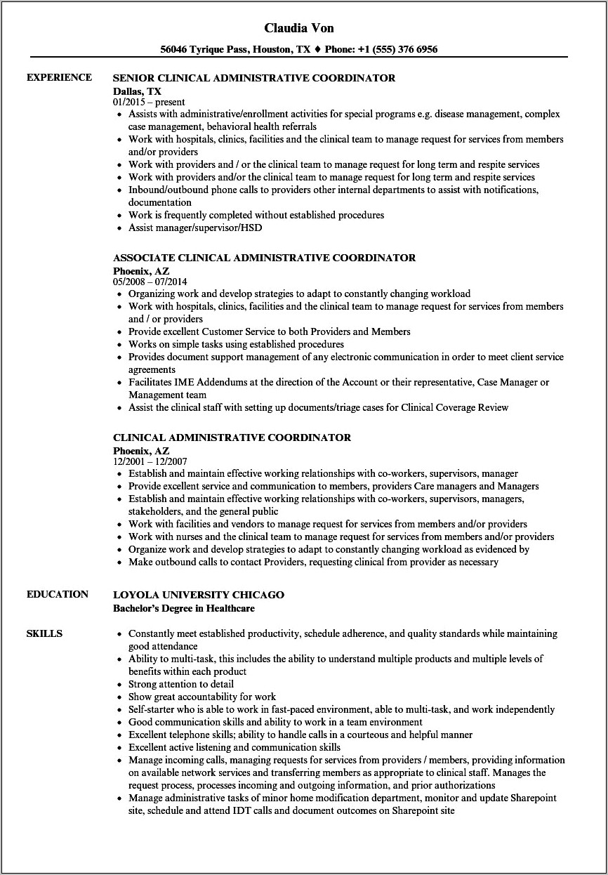 Resume Examples For Administrative Coordinator