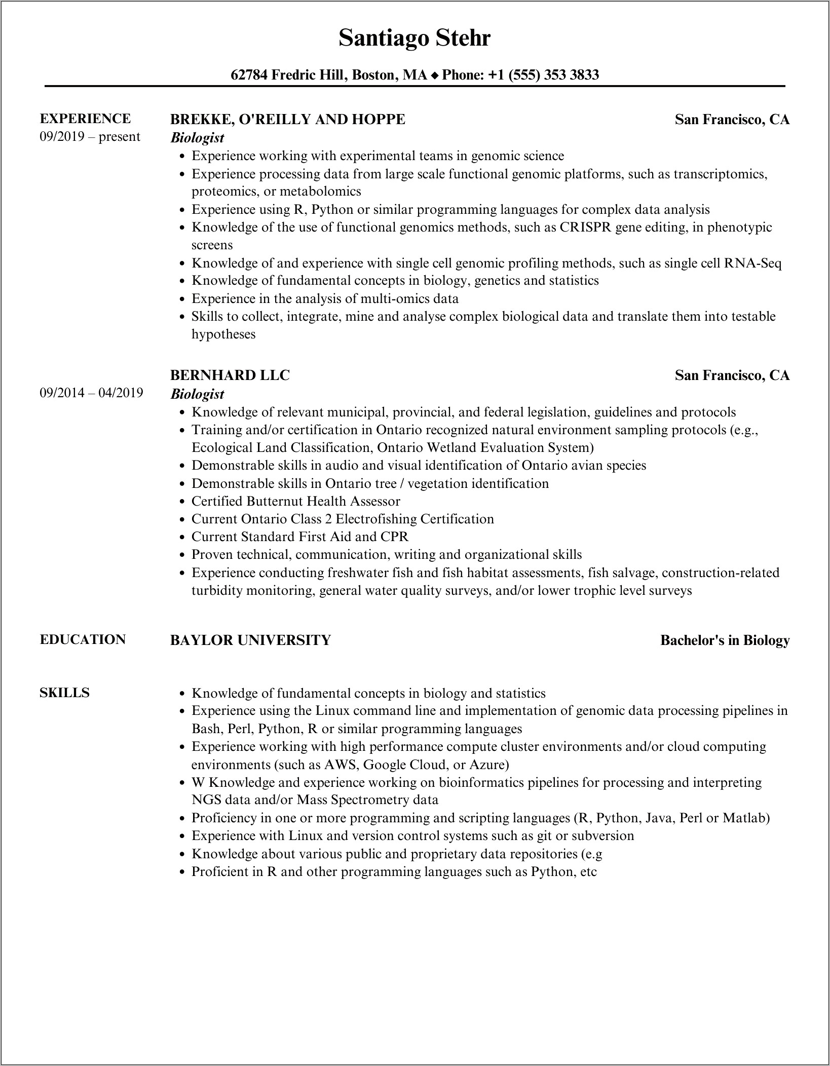 Resume Examples For Biology Majors