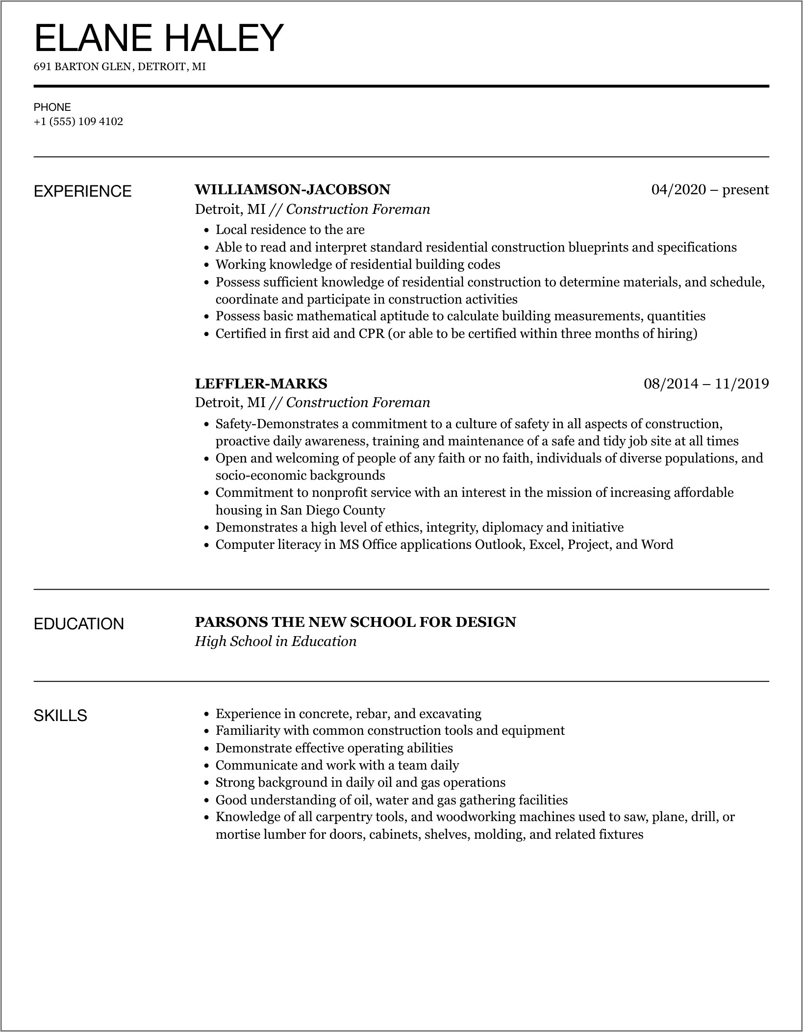 Resume Examples For Construction Foreman
