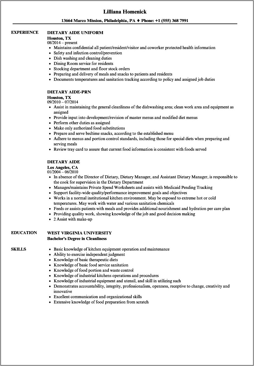 Resume Examples For Dietary Managers