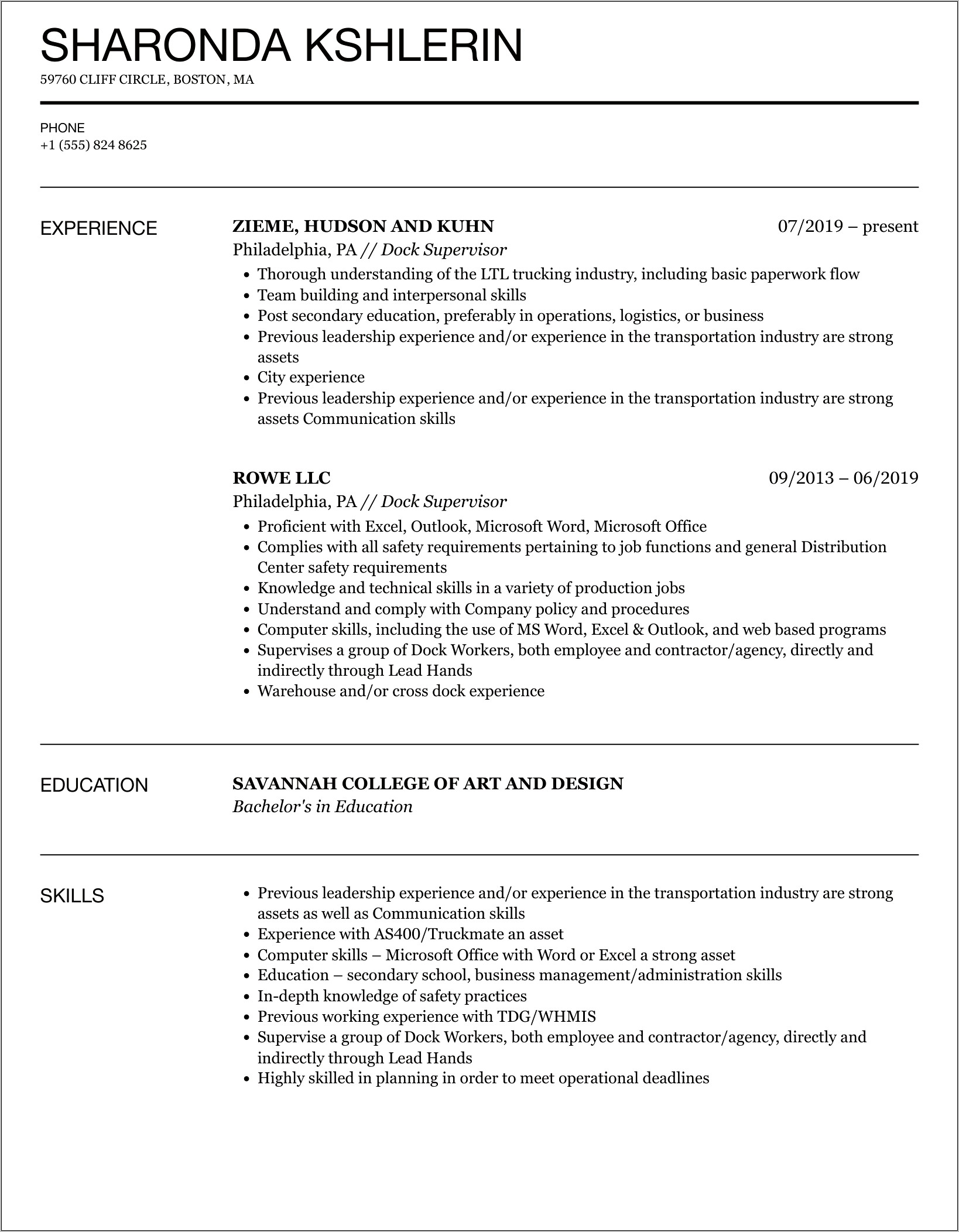 Resume Examples For Dock Worker
