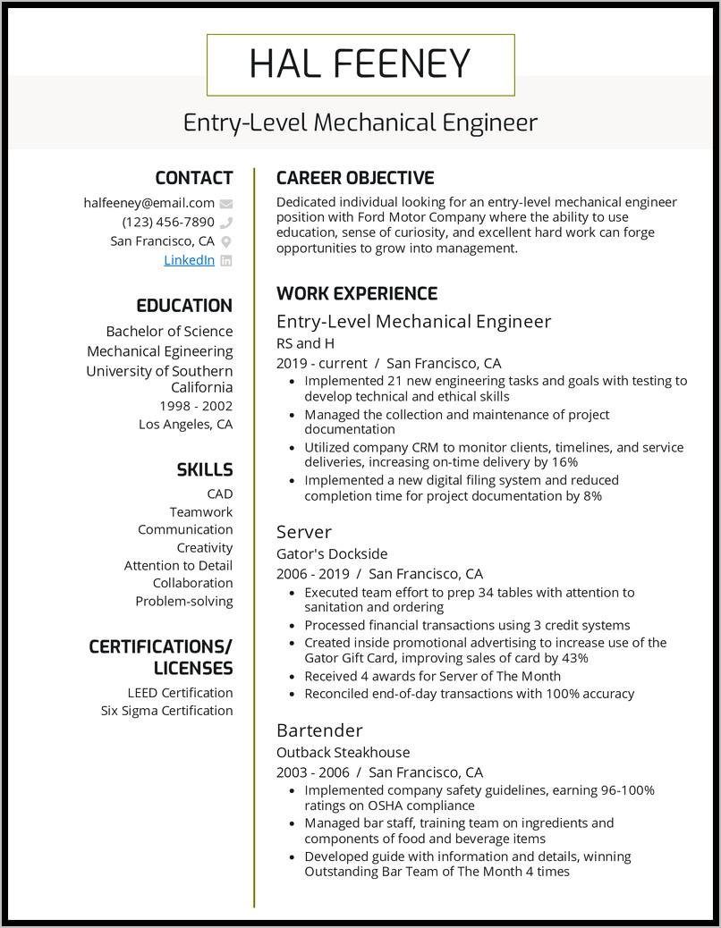 Resume Examples For Engineering Internship