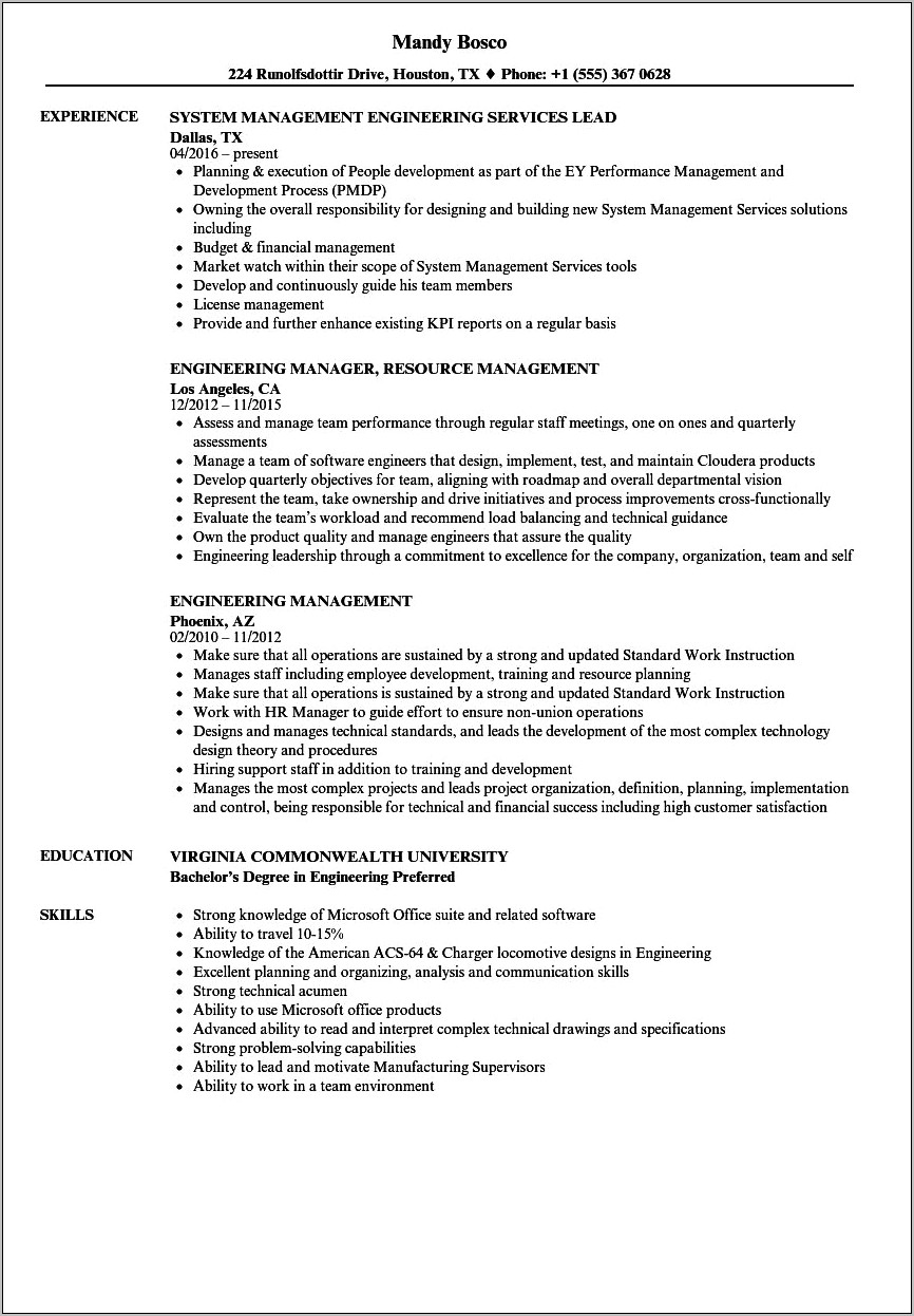 Resume Examples For Engineering Managers