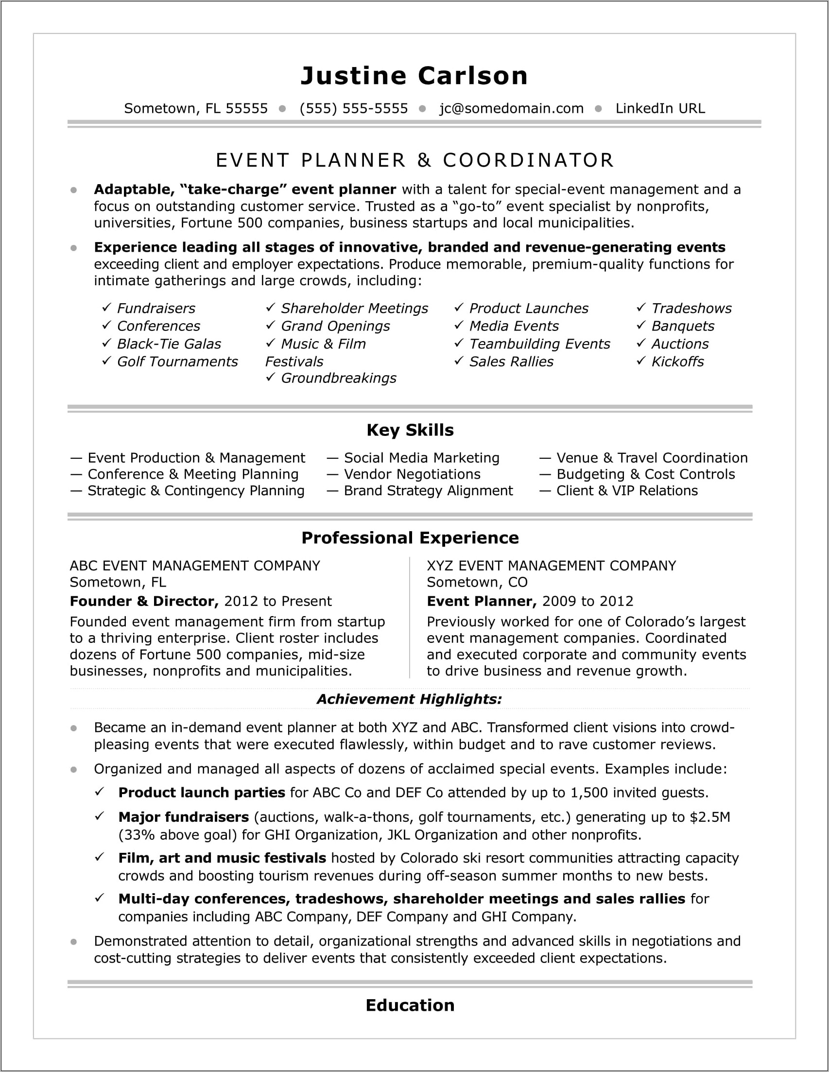 Resume Examples For Event Managers