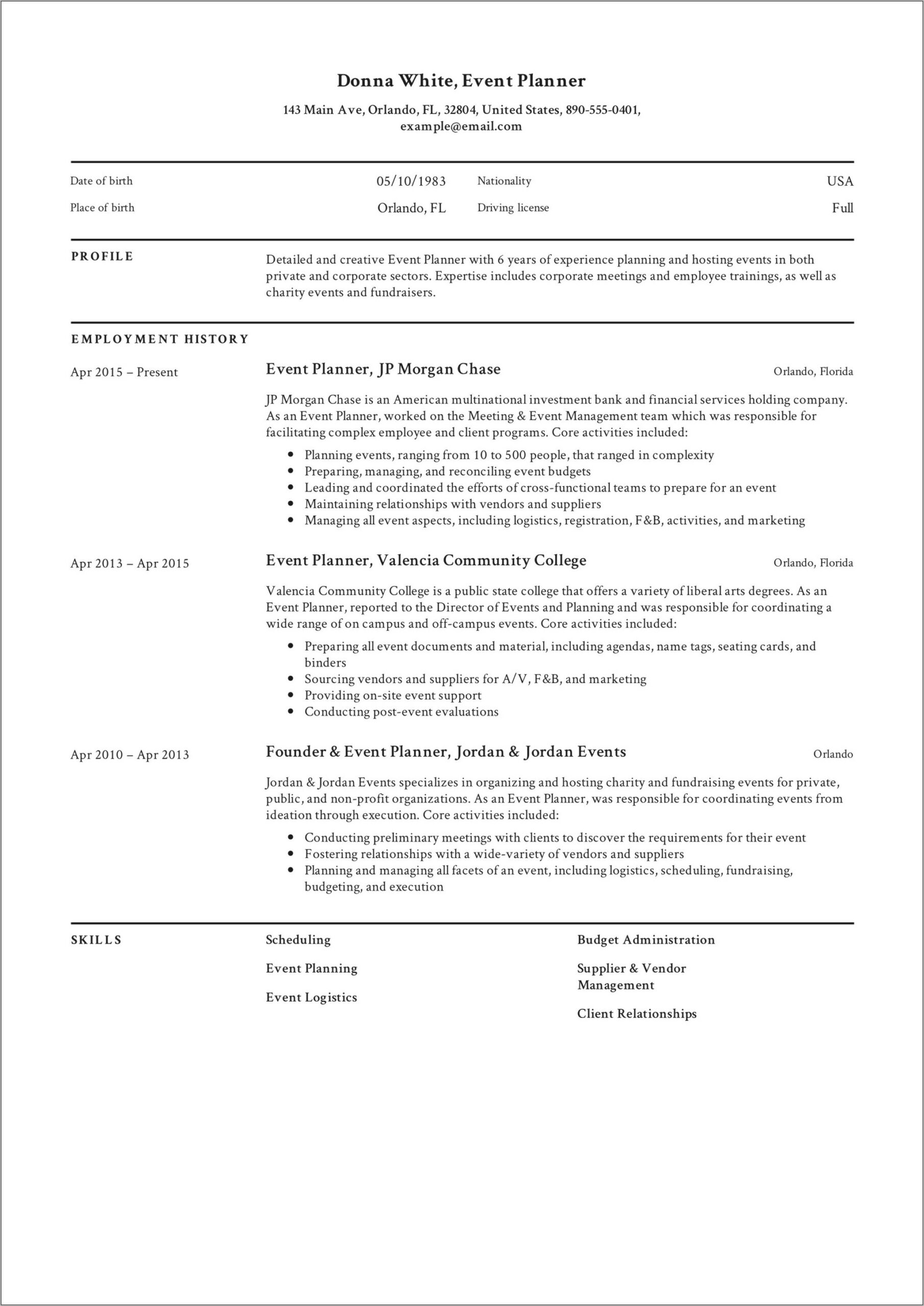 Resume Examples For Event Plannners