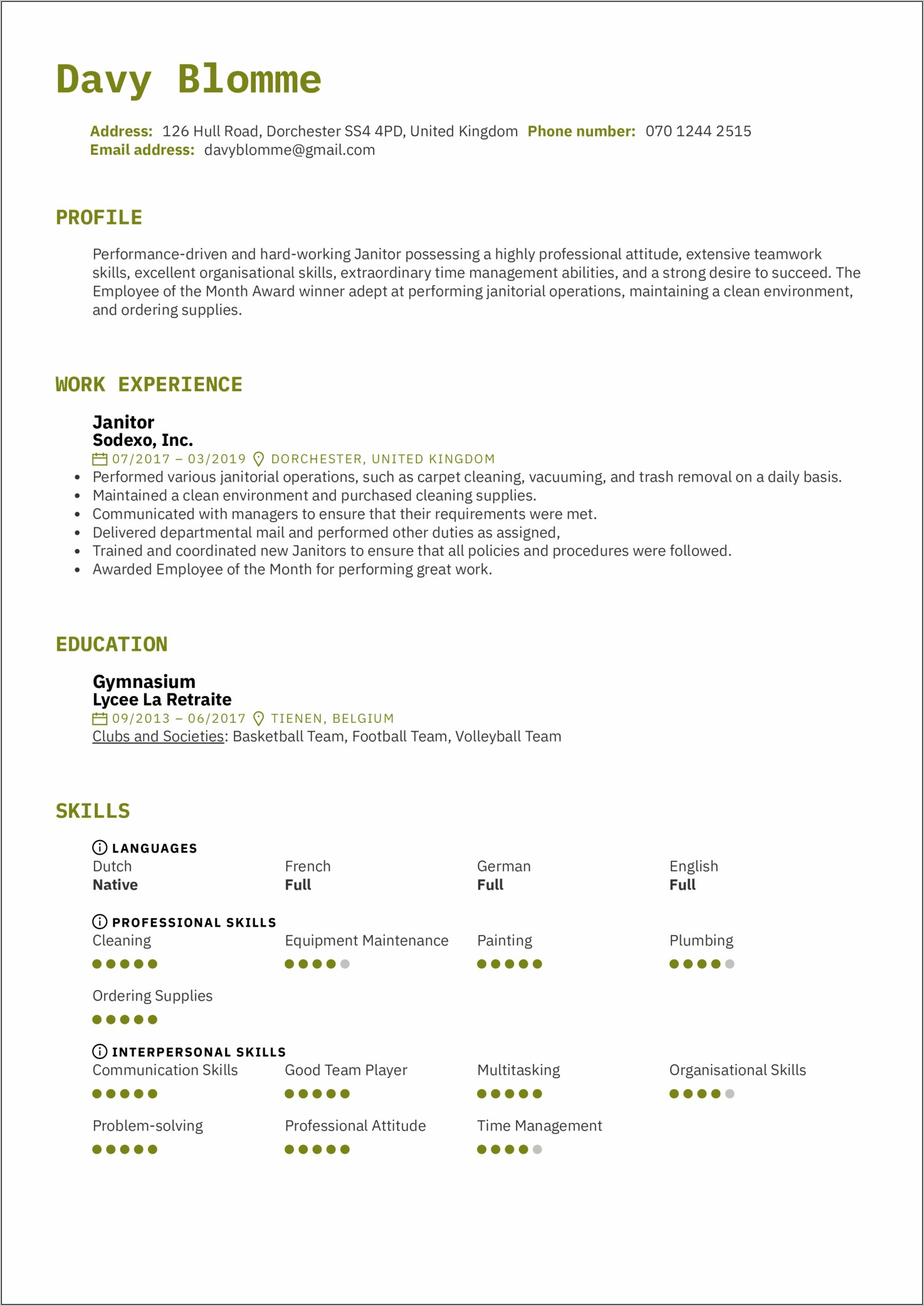 Resume Examples For Janitorial Position