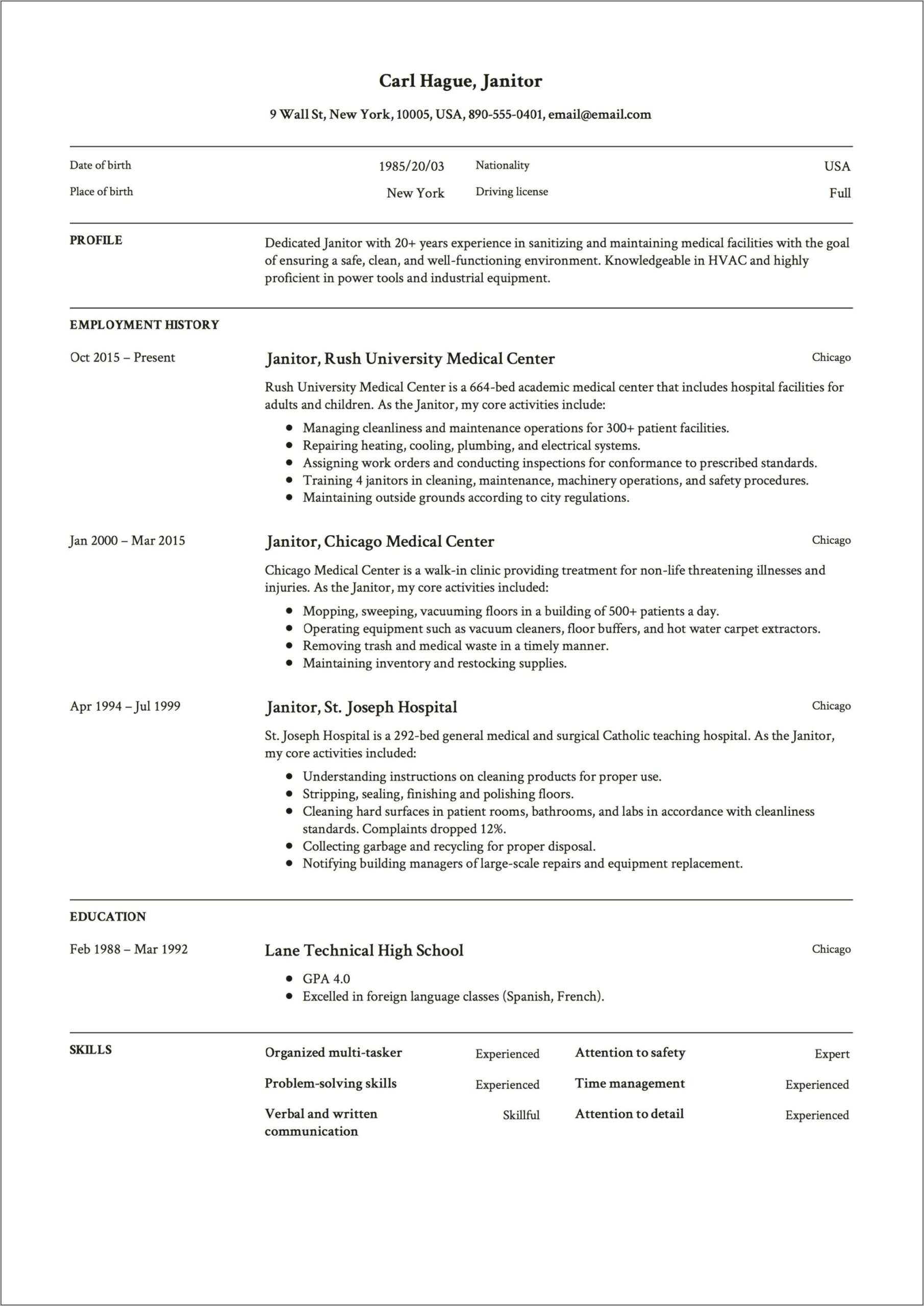 Resume Examples For Janitorial Supervisor