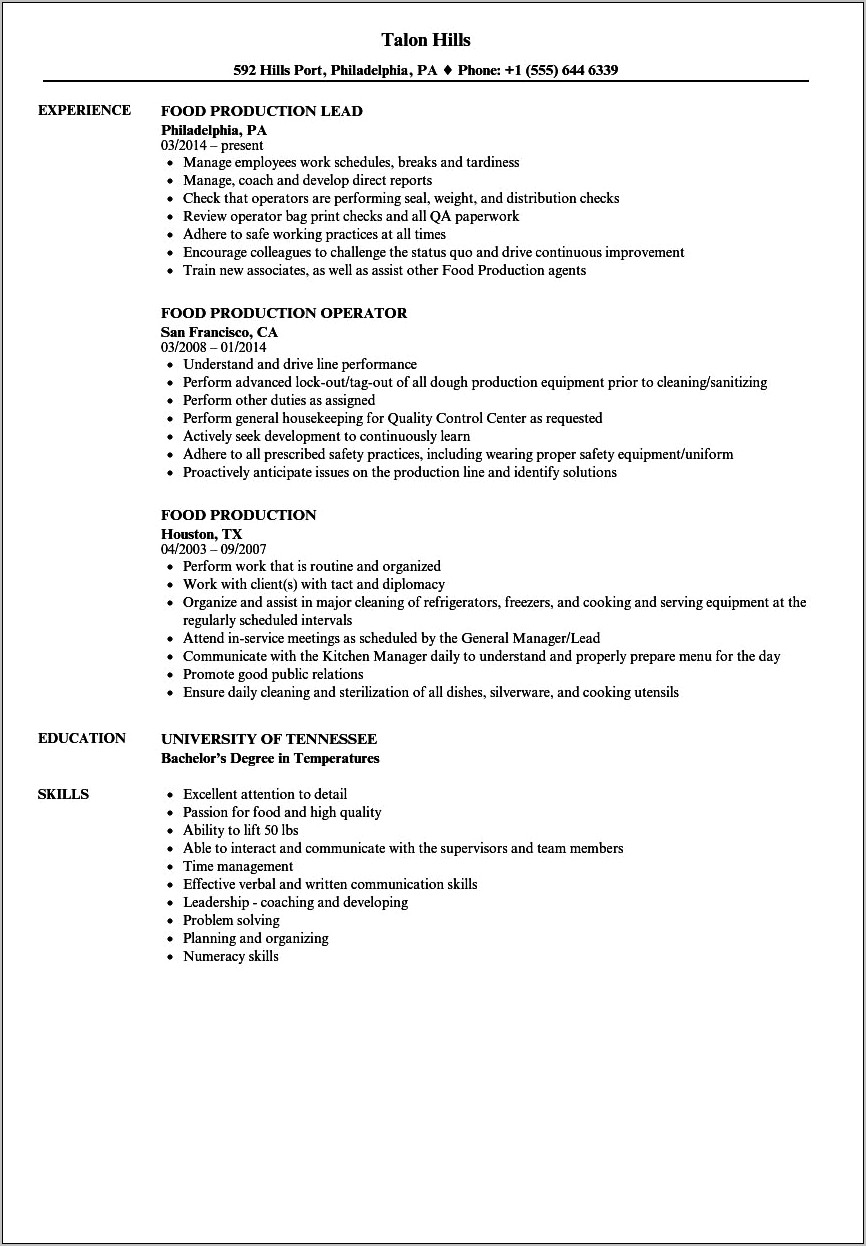Resume Examples For Manufacturing Company
