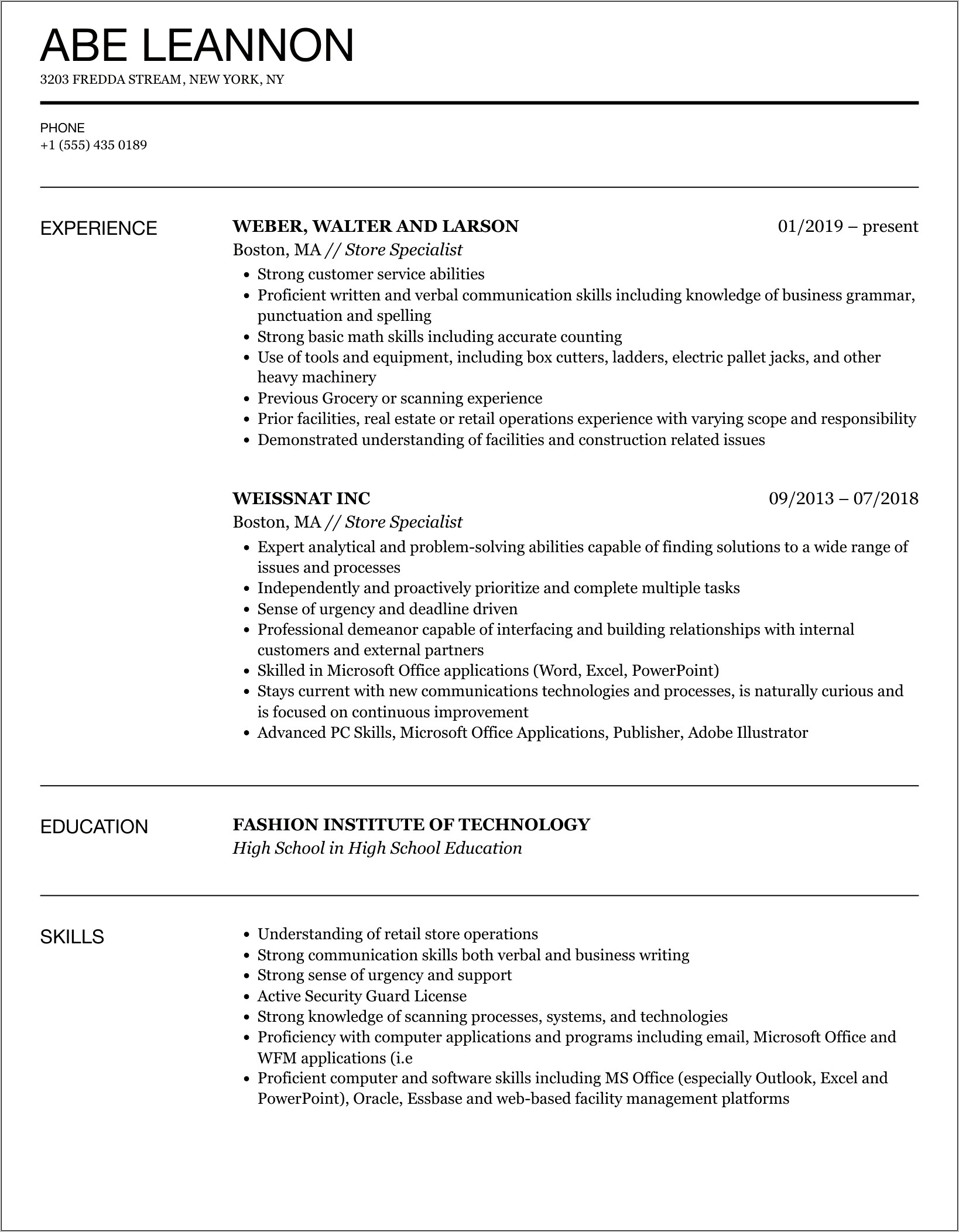 Resume Examples For Merchandise Specialist