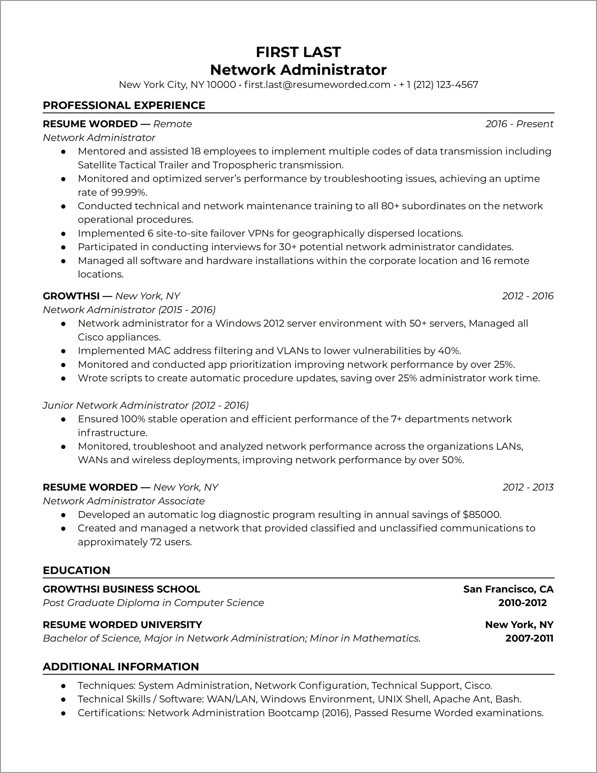 Resume Examples For Network Infrastructure