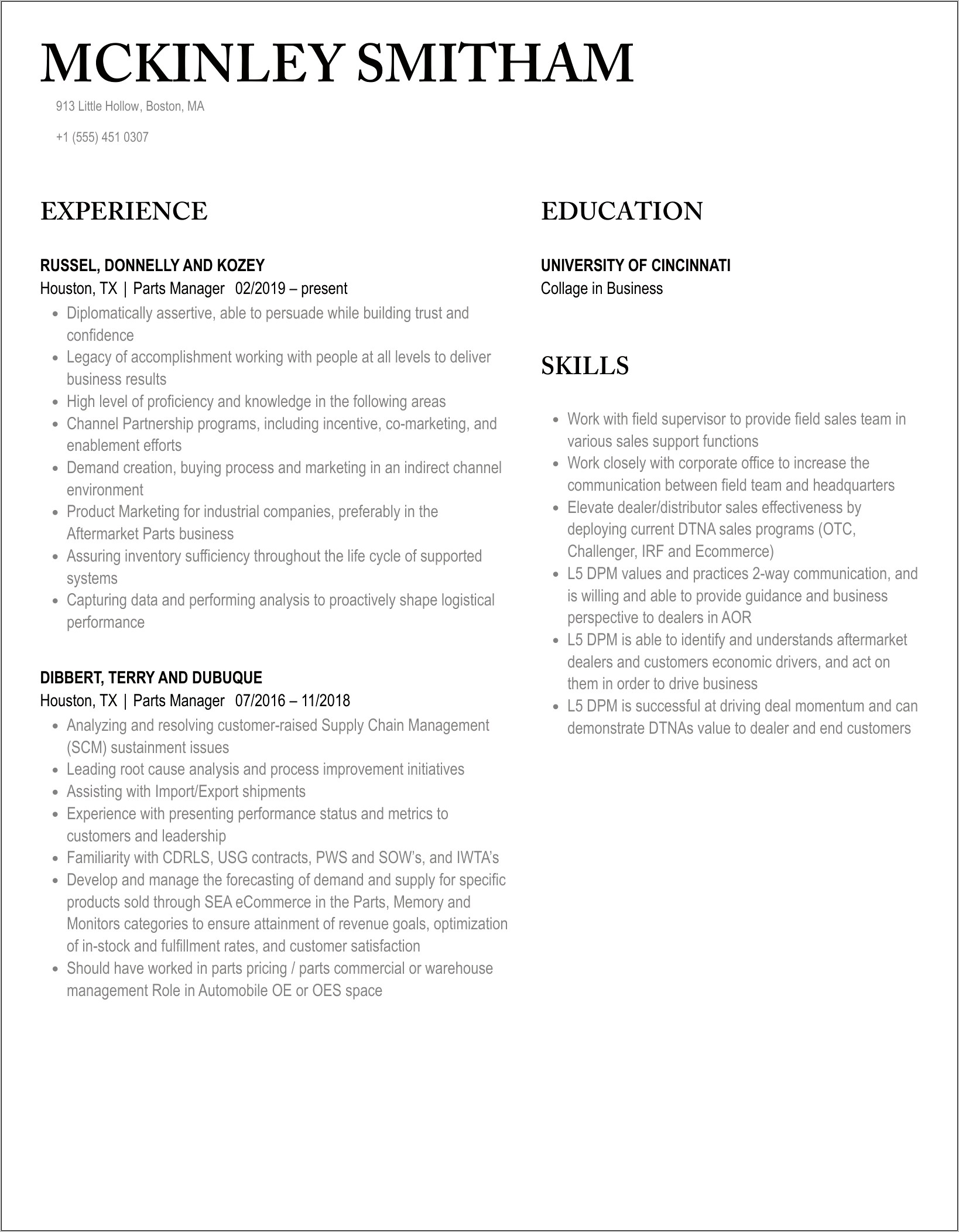 Resume Examples For Parts Manager
