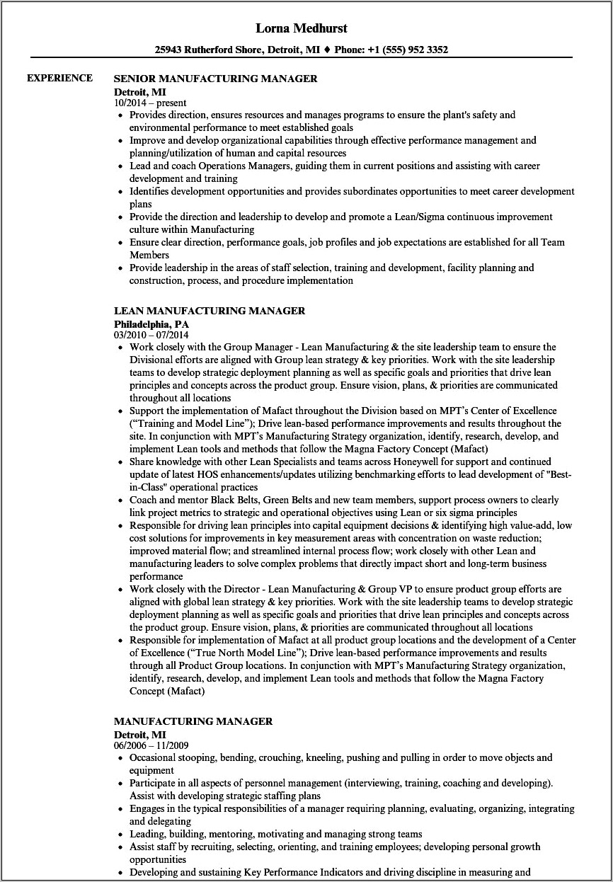 Resume Examples For Production Supervisors