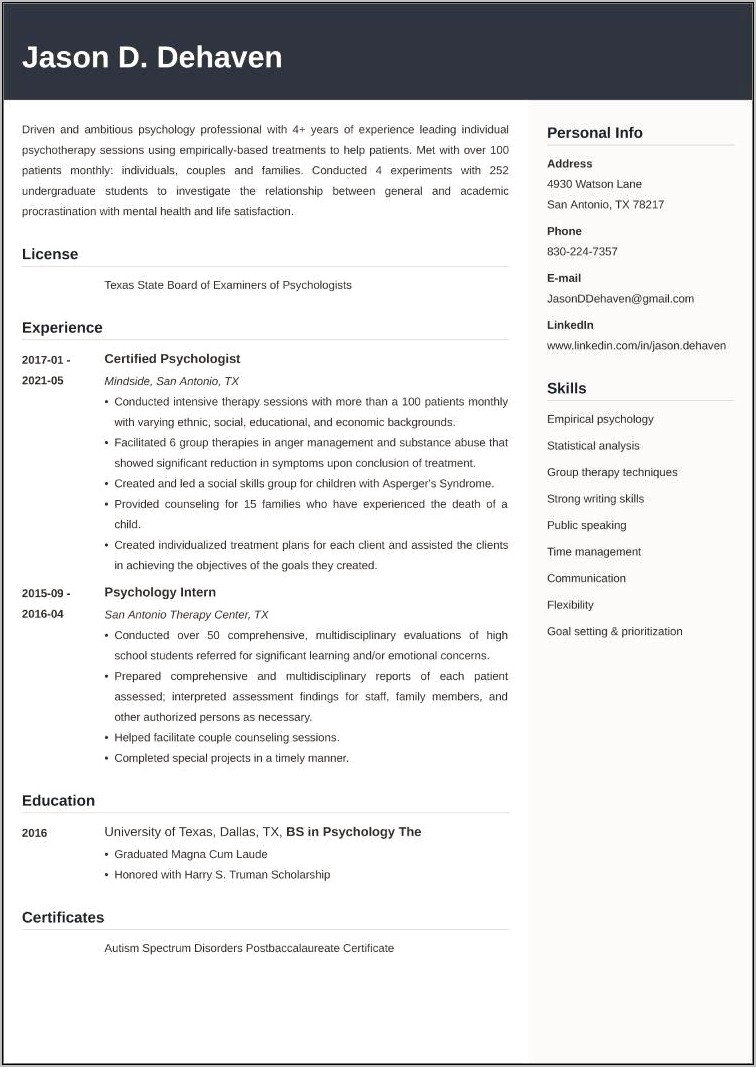 Resume Examples For Psychology Students