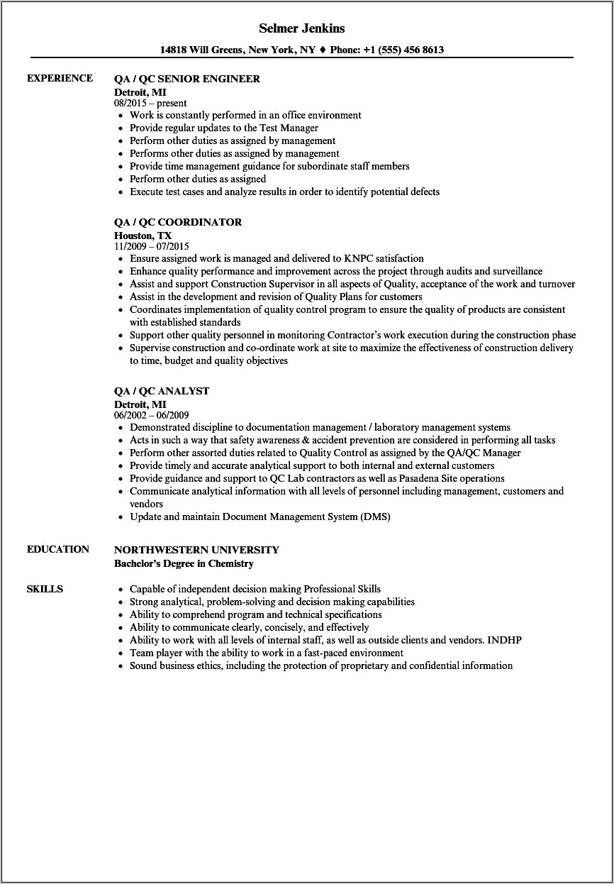 Resume Examples For Quality Control