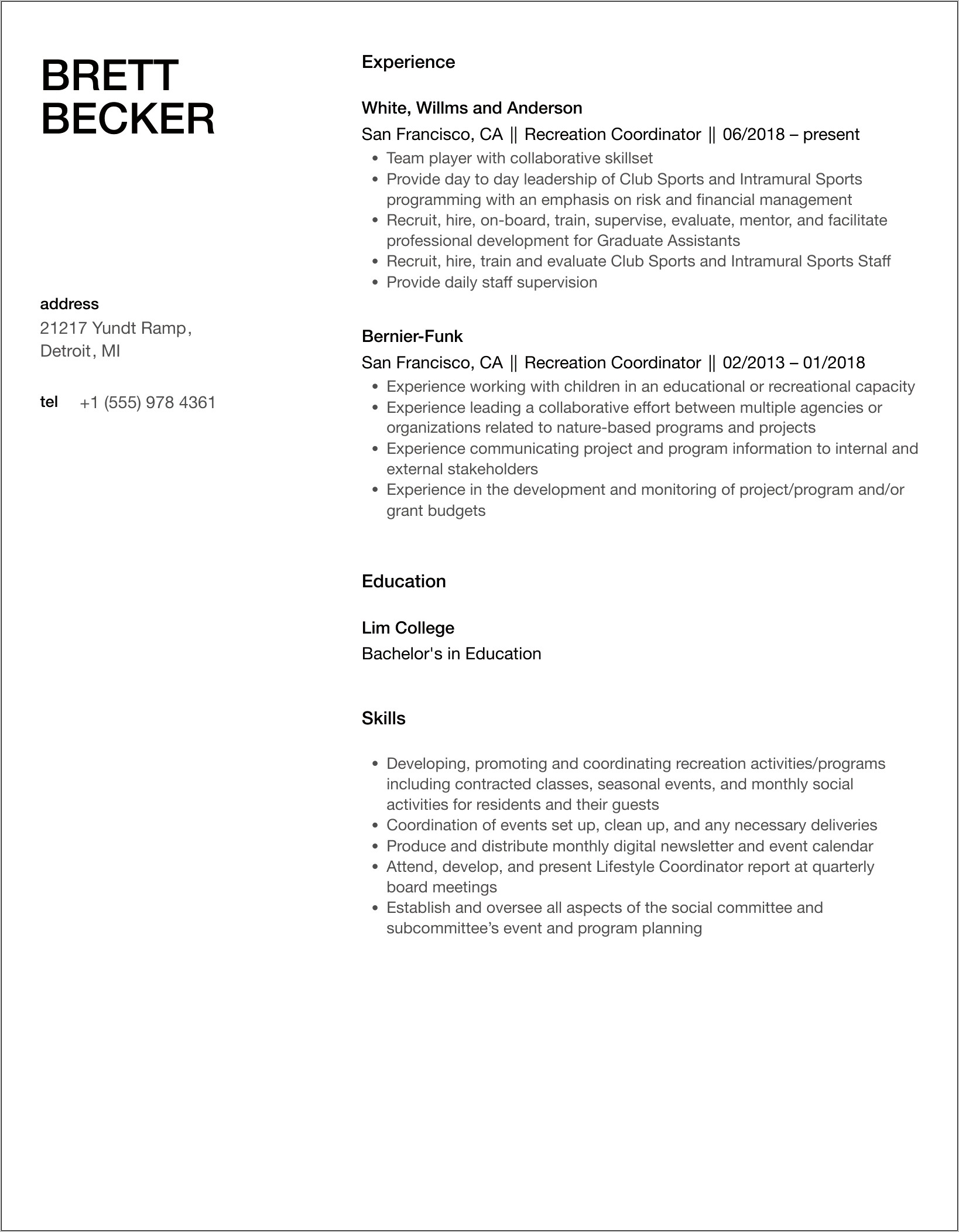 Resume Examples For Recreation Coordinator