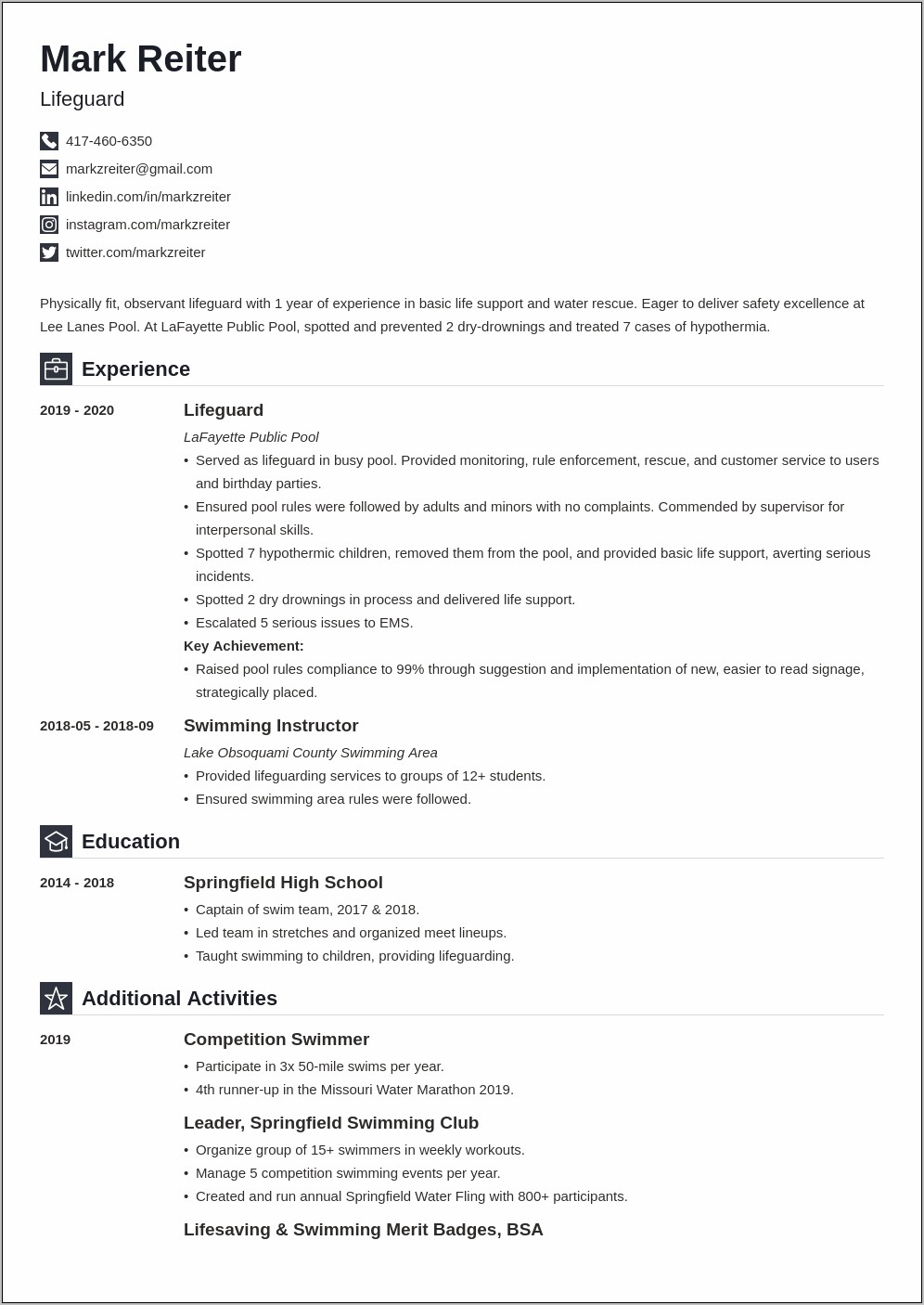 Resume Examples For Swimming Instructor