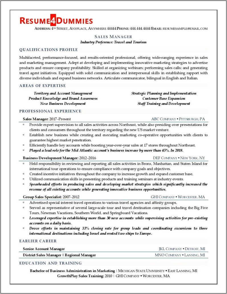 Resume Examples For Territory Manager