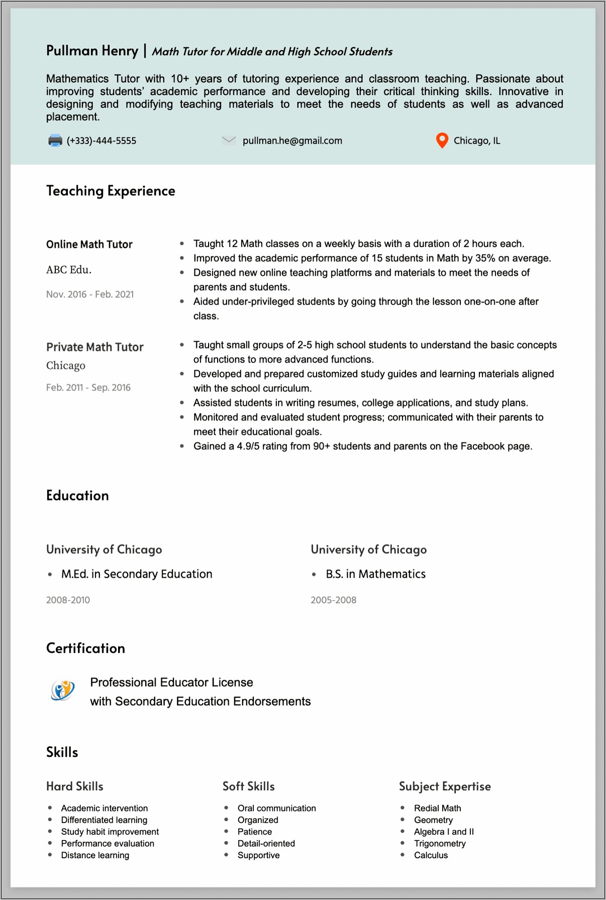 Resume Examples For Tutoring Students