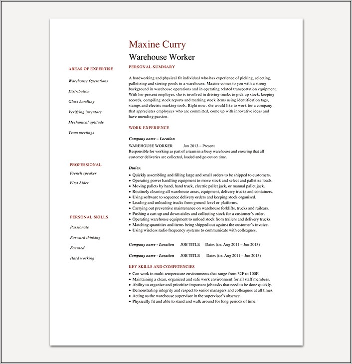 Resume Examples For Warehouse Jobs