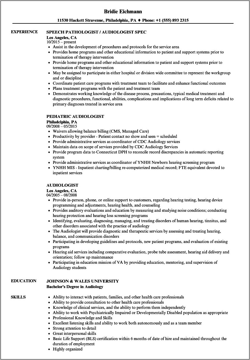 Resume Examples Hearing Health Care
