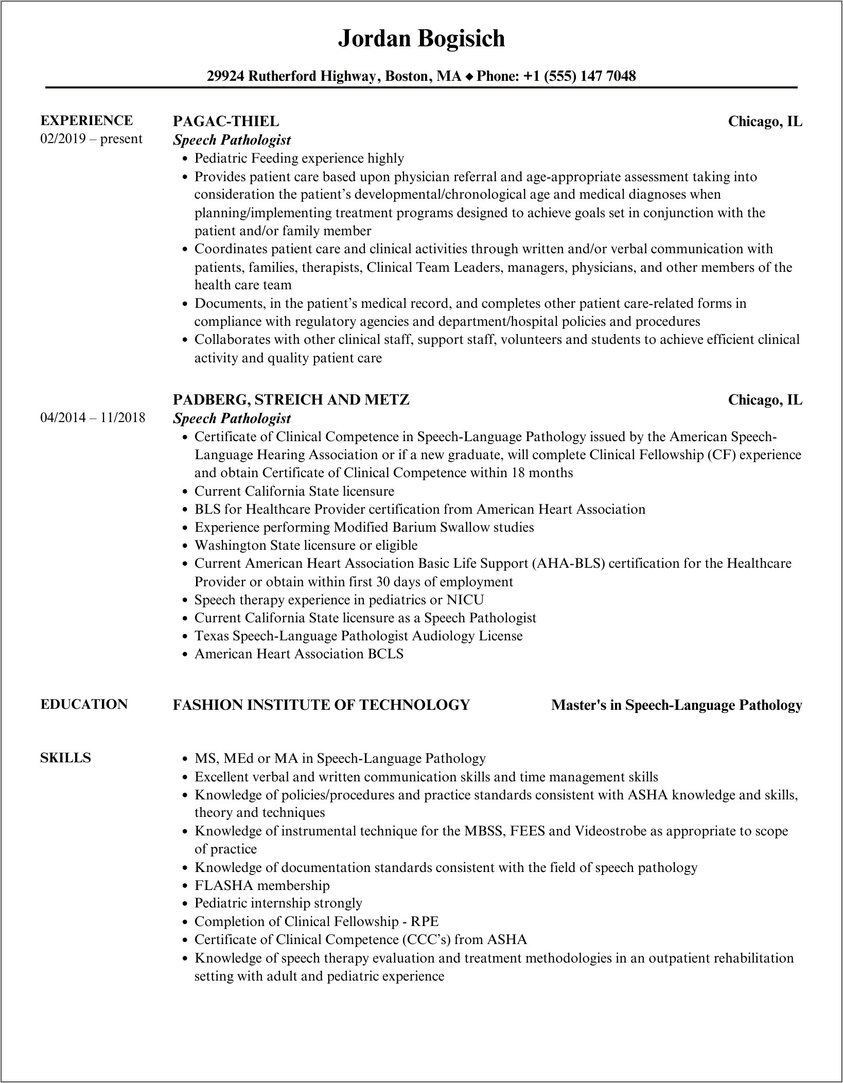 Resume Examples Ofr Slp Students