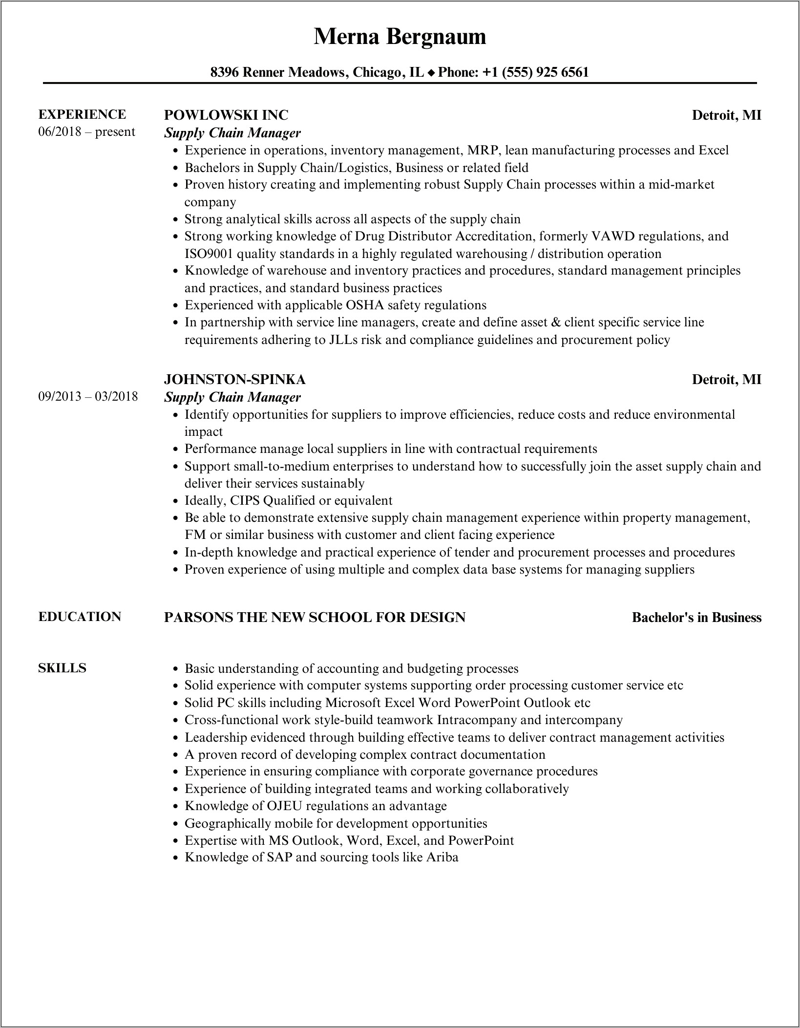 Resume Examples Supply Chain Management