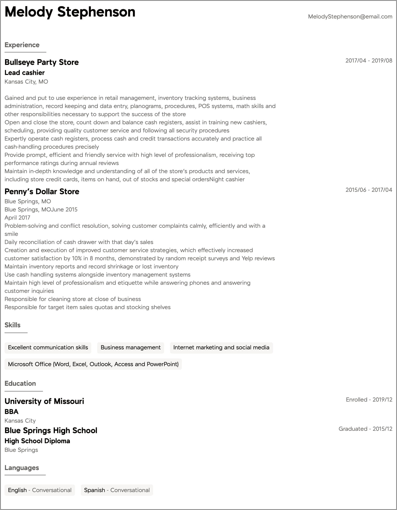 Resume Examples With Cashier Experience